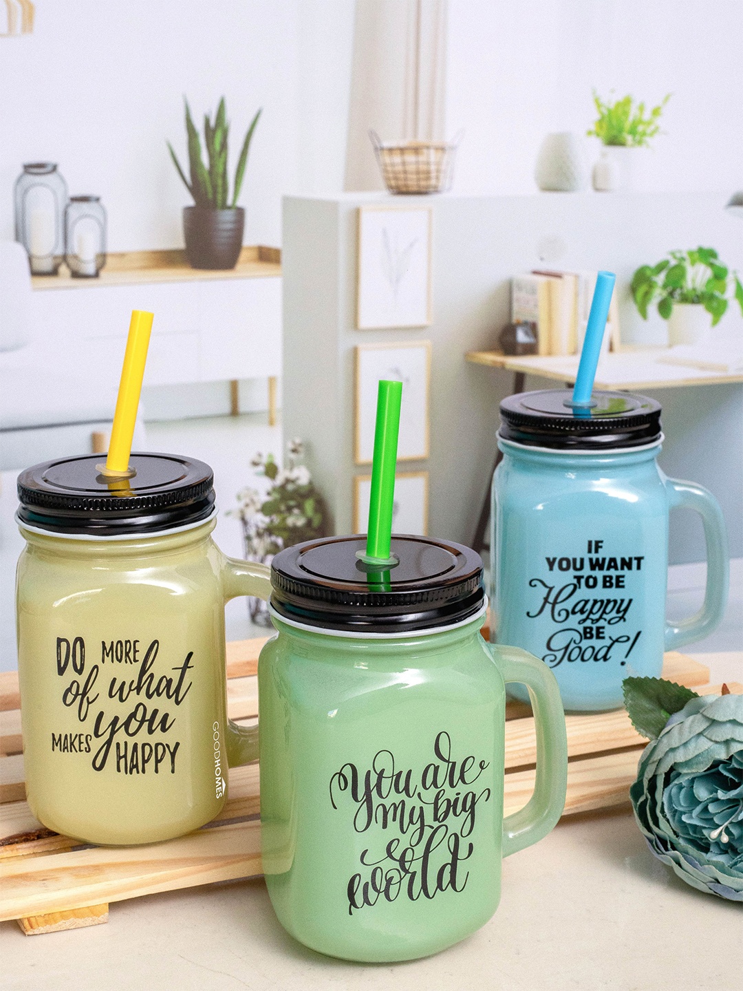 

GOODHOMES Blue & Green Set of 3 Printed Mason Jar with Metal Lid & Straw 450 ml Each
