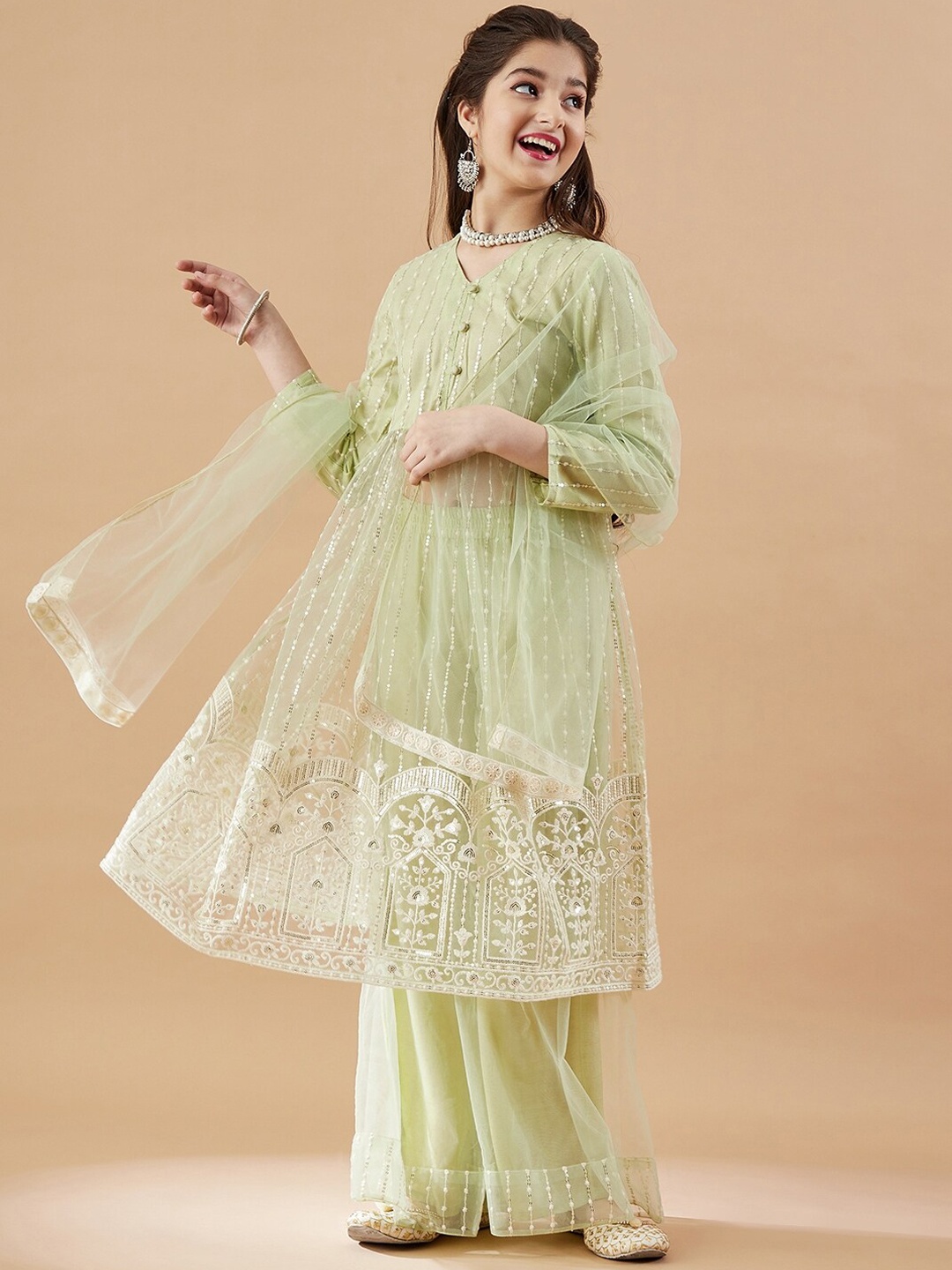 

Cherry & Jerry Girls Ethnic Motifs Embroidered Kurta with Sharara & Dupatta, Green