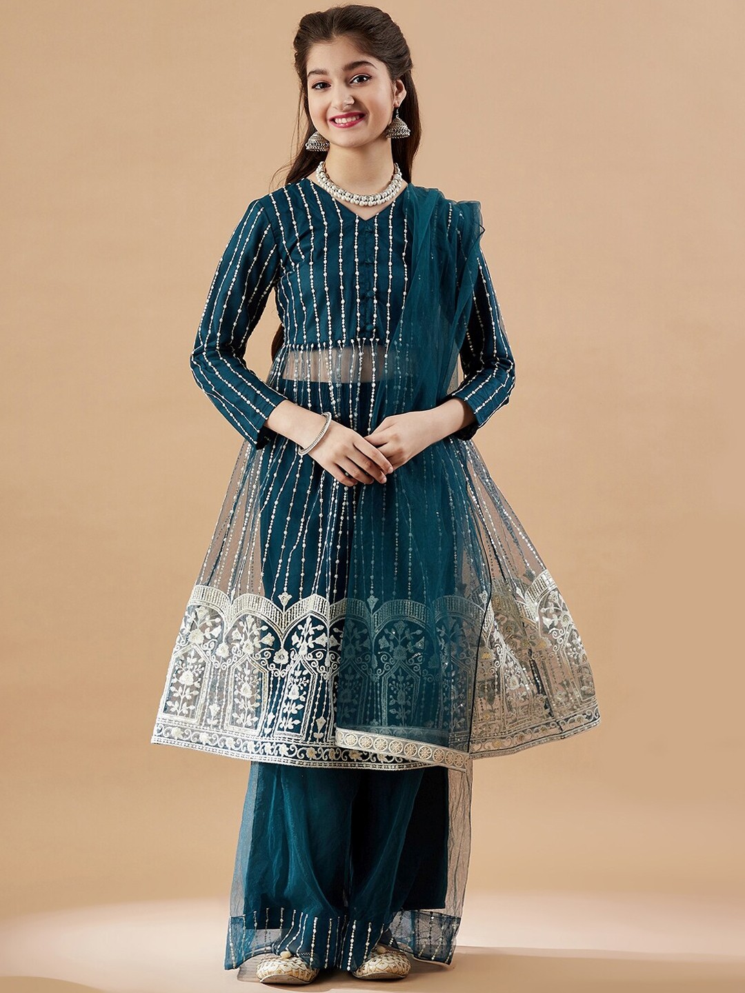 

Cherry & Jerry Girls Ethnic Motifs Embroidered Pleated Kurta with Sharara & Dupatta, Teal