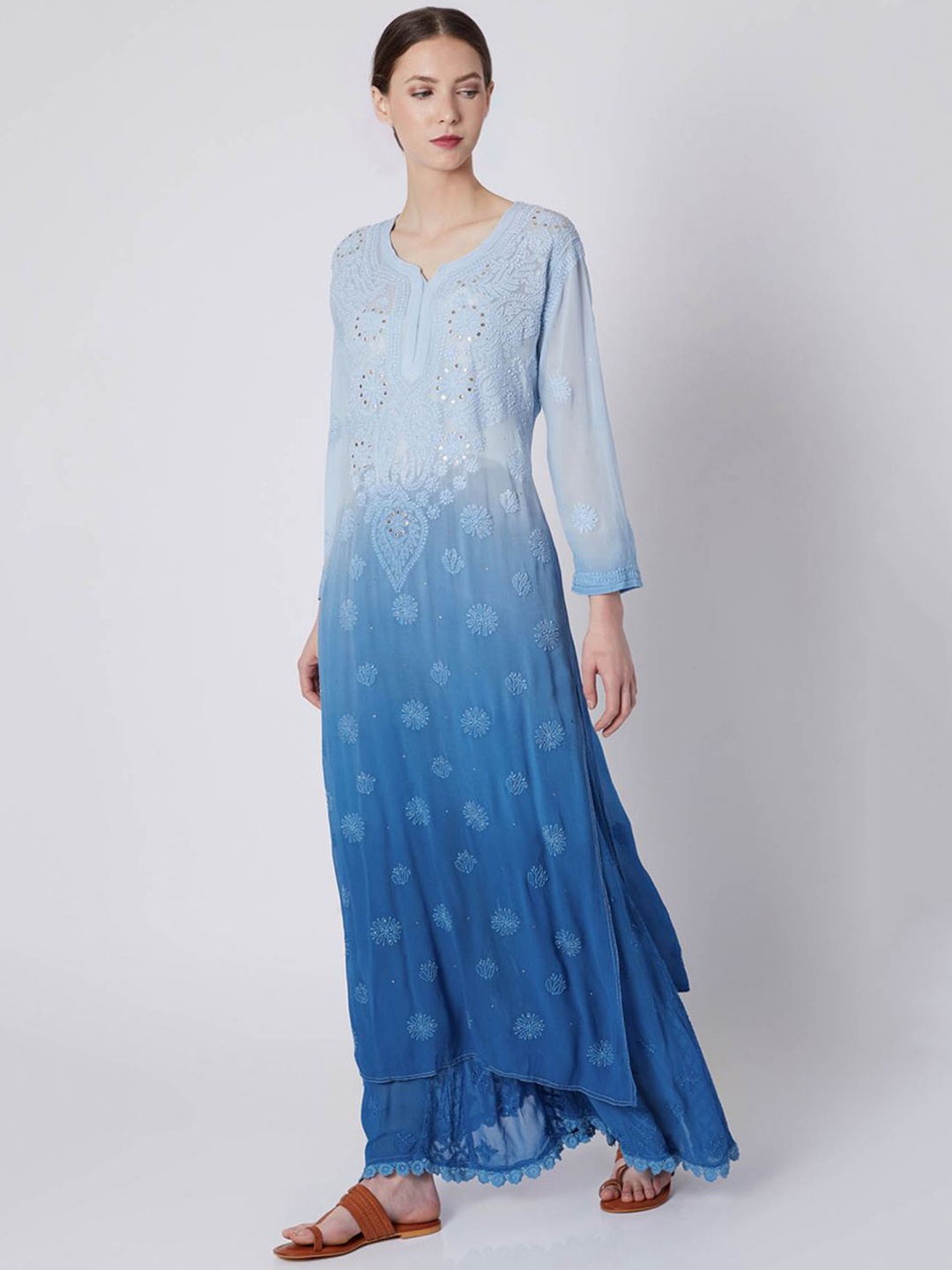 

LABEL AISHWARYRIKA Ombre Embroidered Chikankari Georgette Kurta with Palazzos, Blue
