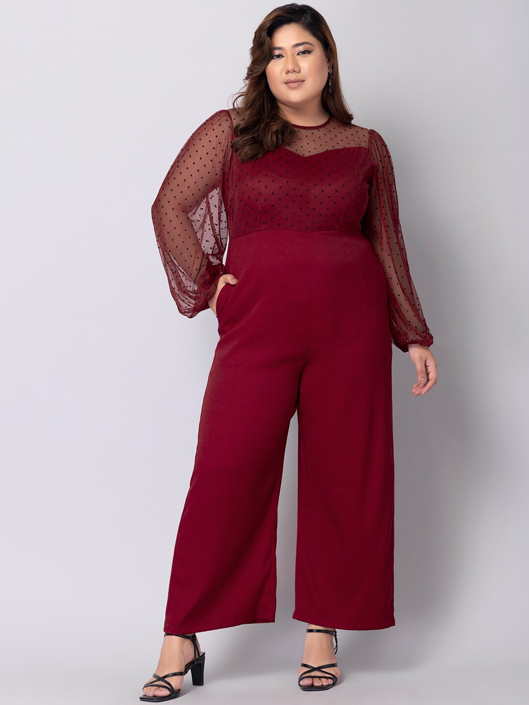 

FabAlley Curve Plus Size Printed Round Neck Basic Jumpsuit, Maroon