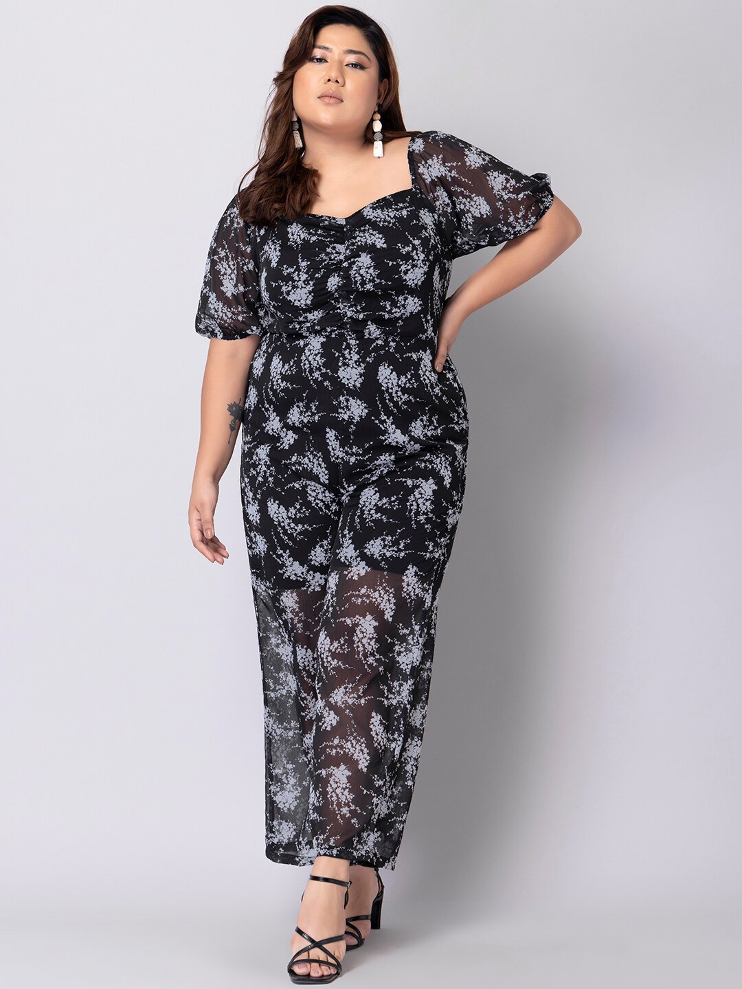 

FabAlley Curve Plus Size Printed Sweetheart Neck Basic Jumpsuit, Black