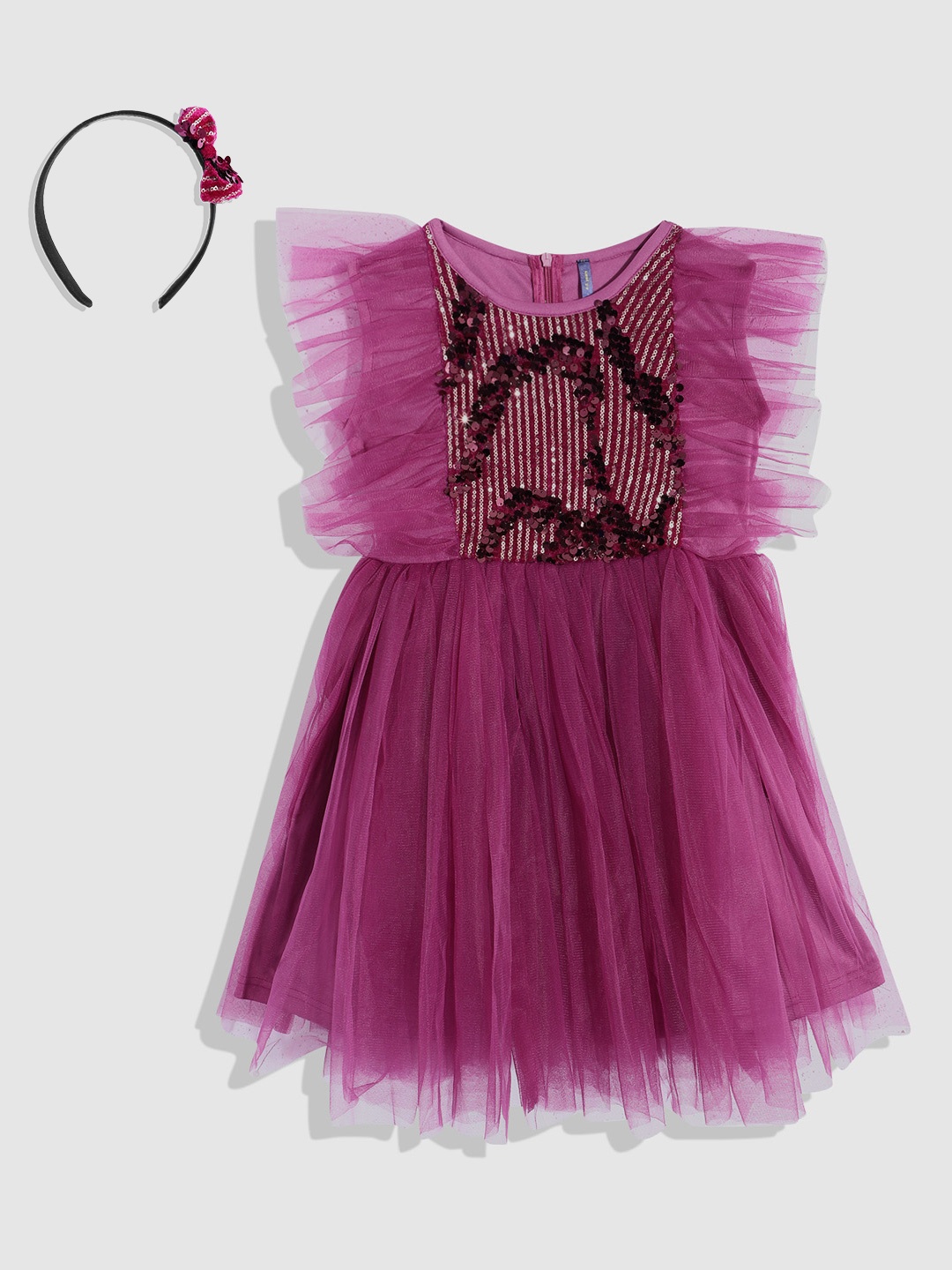 

YK Girls Embellished Flutter Sleeves Net Midi Dress With Hairband, Pink