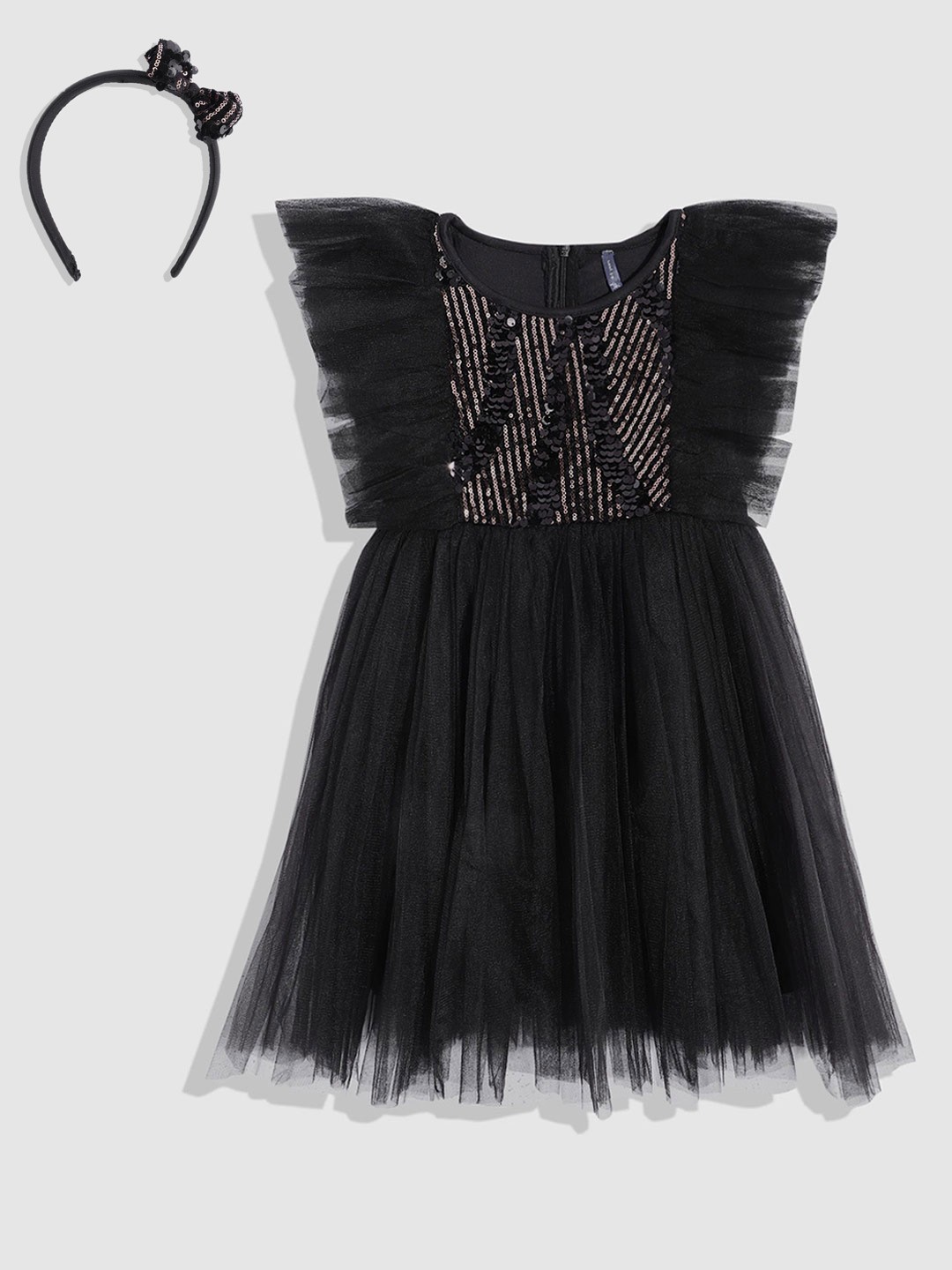 

YK Girls Embellished Flutter Sleeves Net Midi Dress With Hairband, Black