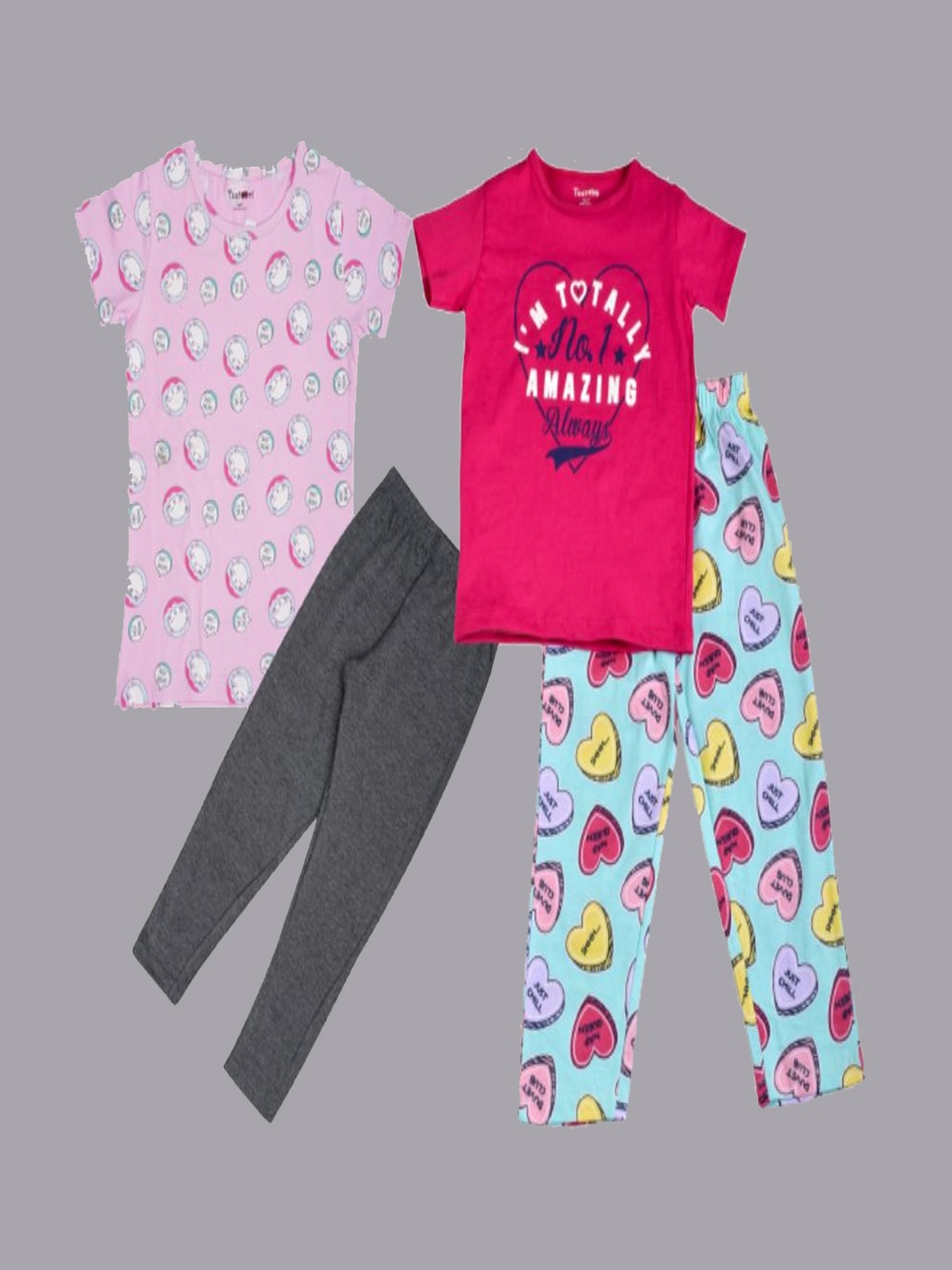 

Taatoom Girls Pack of 2 Pure Cotton Printed Night suit, Pink