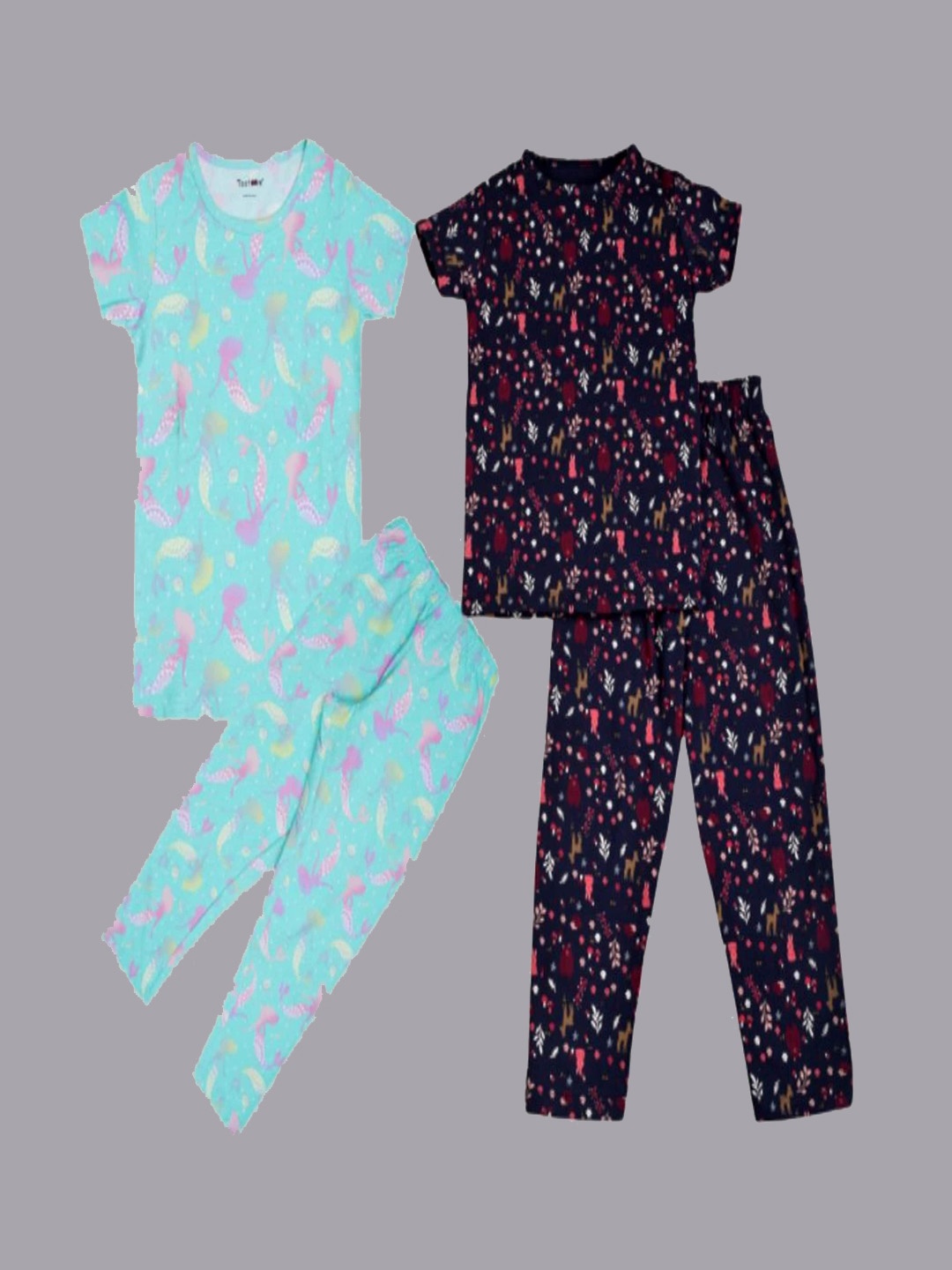 

Taatoom Girls Pack Of 2 Printed Pure Cotton Night suit, Navy blue