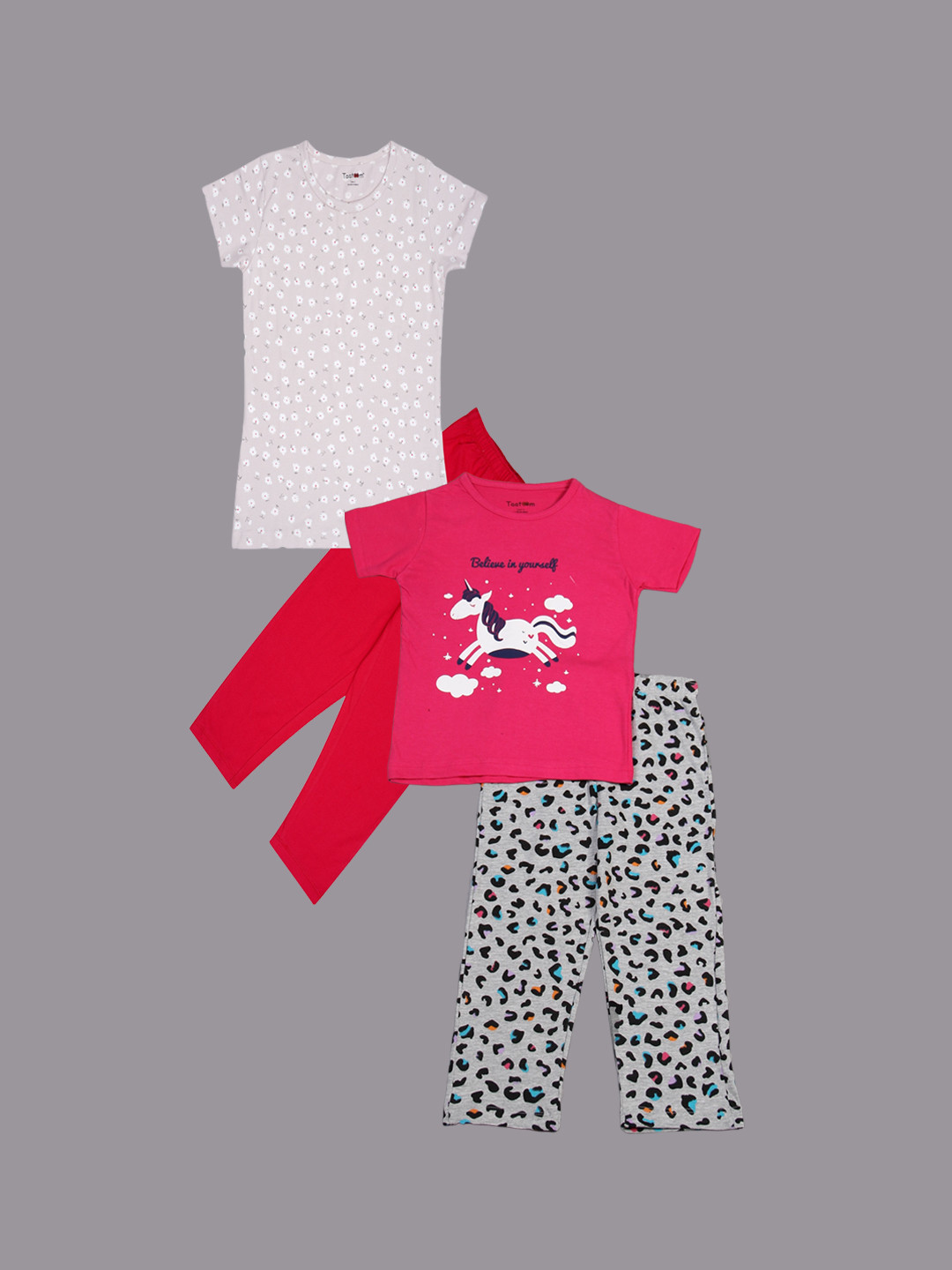 

Taatoom Girls Pack of 2 Pure Cotton Printed Night suit, Pink