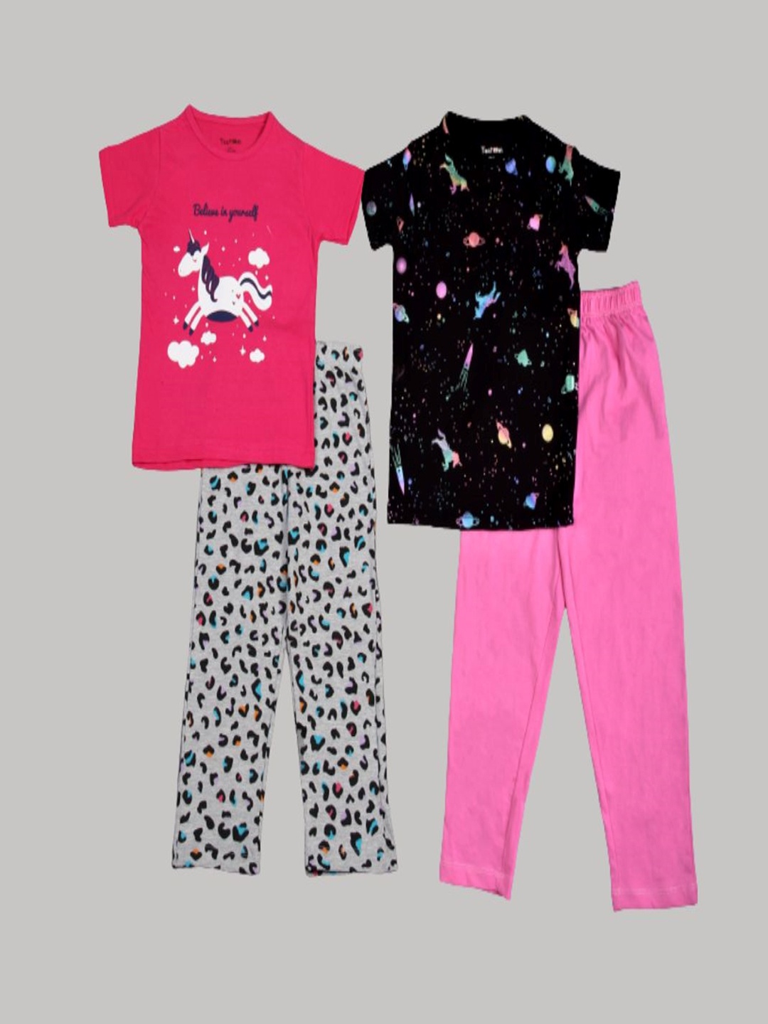 

Taatoom Girls Pack Of 2 Printed Pure Cotton Night suit, Black