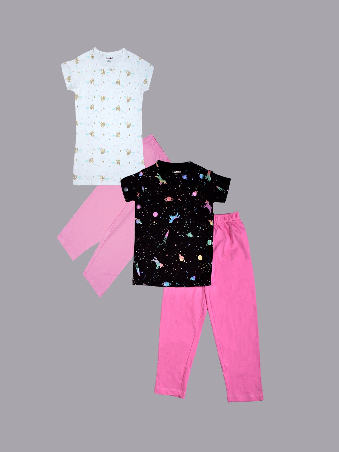 

Taatoom Girls Pack Of 2 Printed Pure Cotton Night suit, Pink