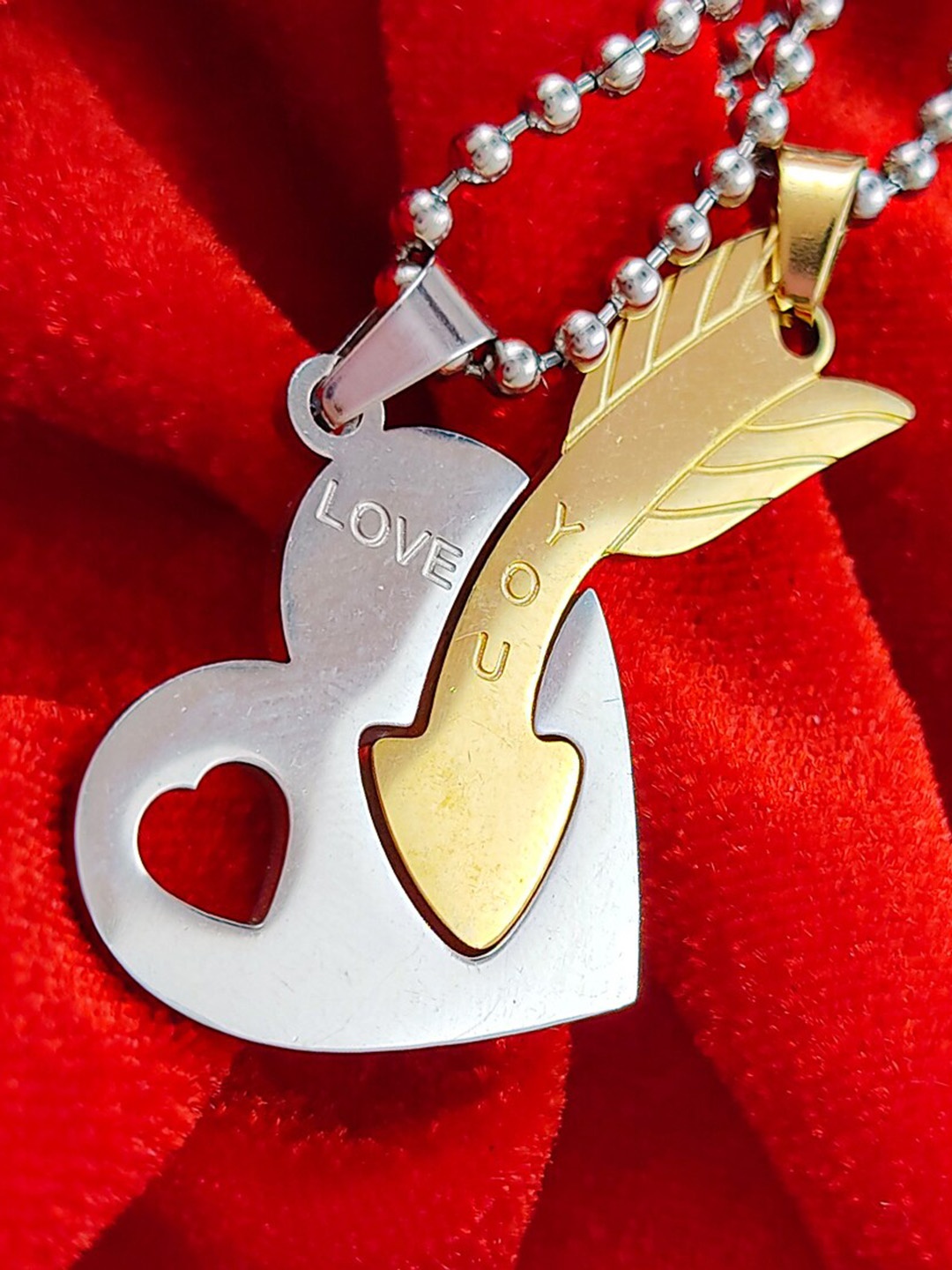 

Saizen Set Of 2 Gold-Plated Heart & Cupid Arrow Shaped Pendant With Chain, Silver