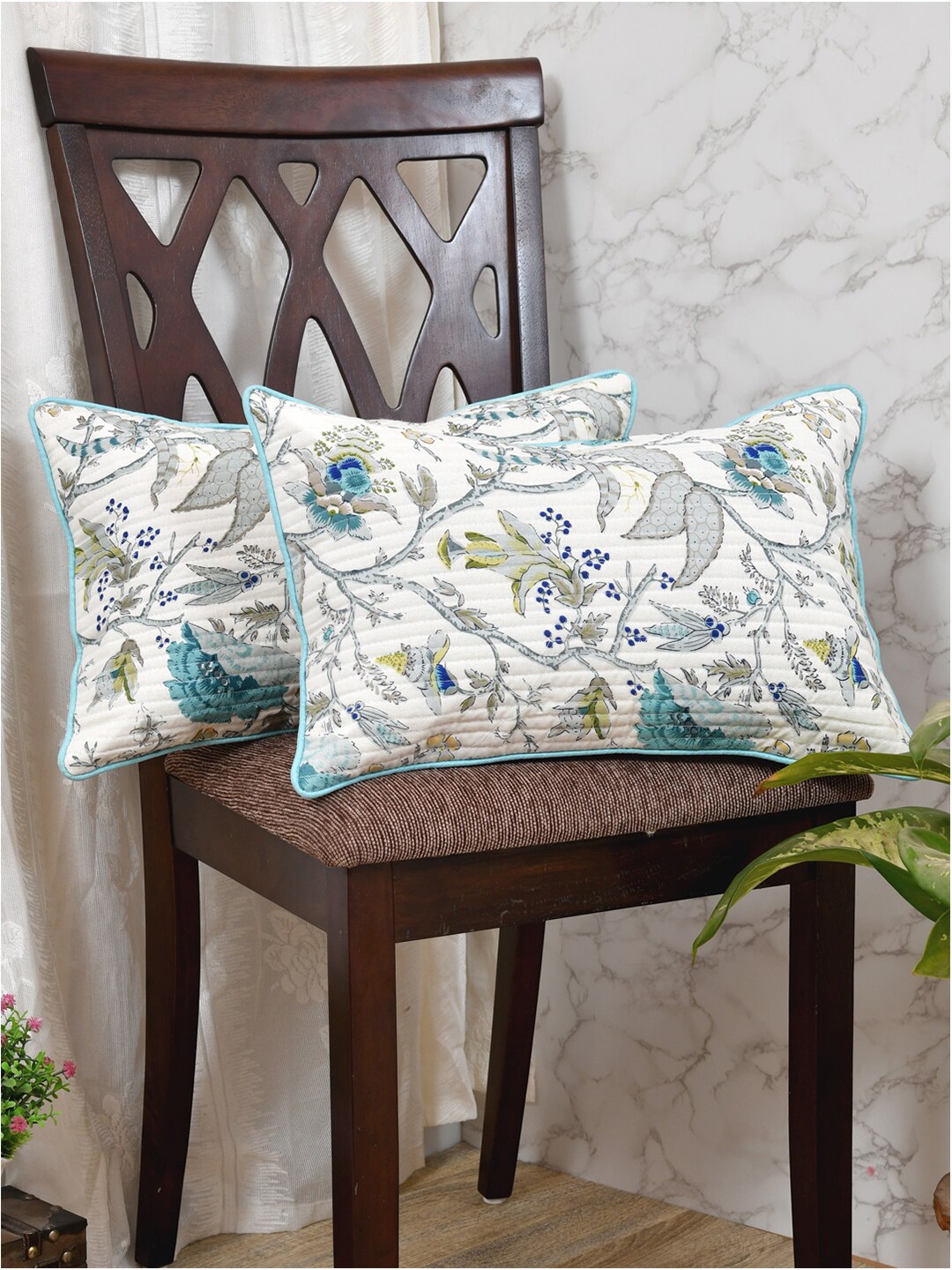 

Clasiko Cream & Teal Blue Set of 2 Floral Rectangle Cushion Covers