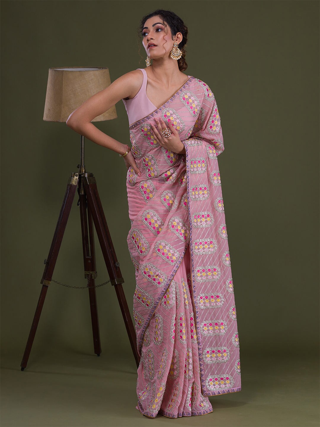 

Koskii Embellished Zari Saree, Pink