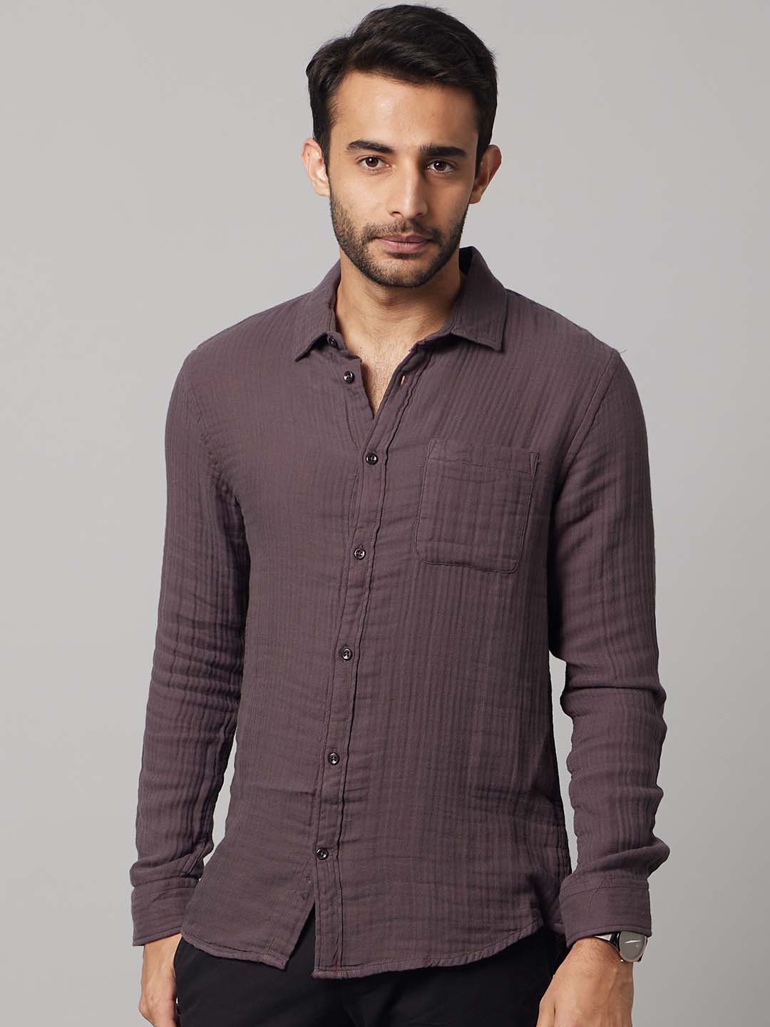 

Celio Men Pacl of 2 Cotton Classic Striped Casual Shirt, Brown