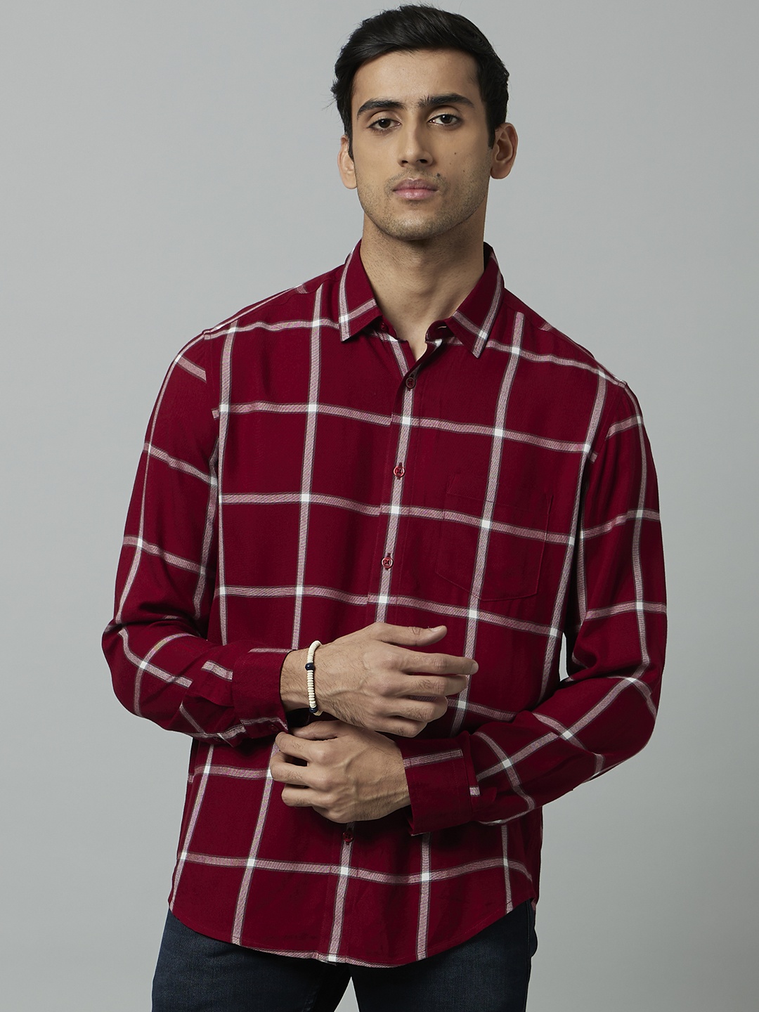 

Celio Men Classic Windowpane Checked Casual Cotton Shirt, Red