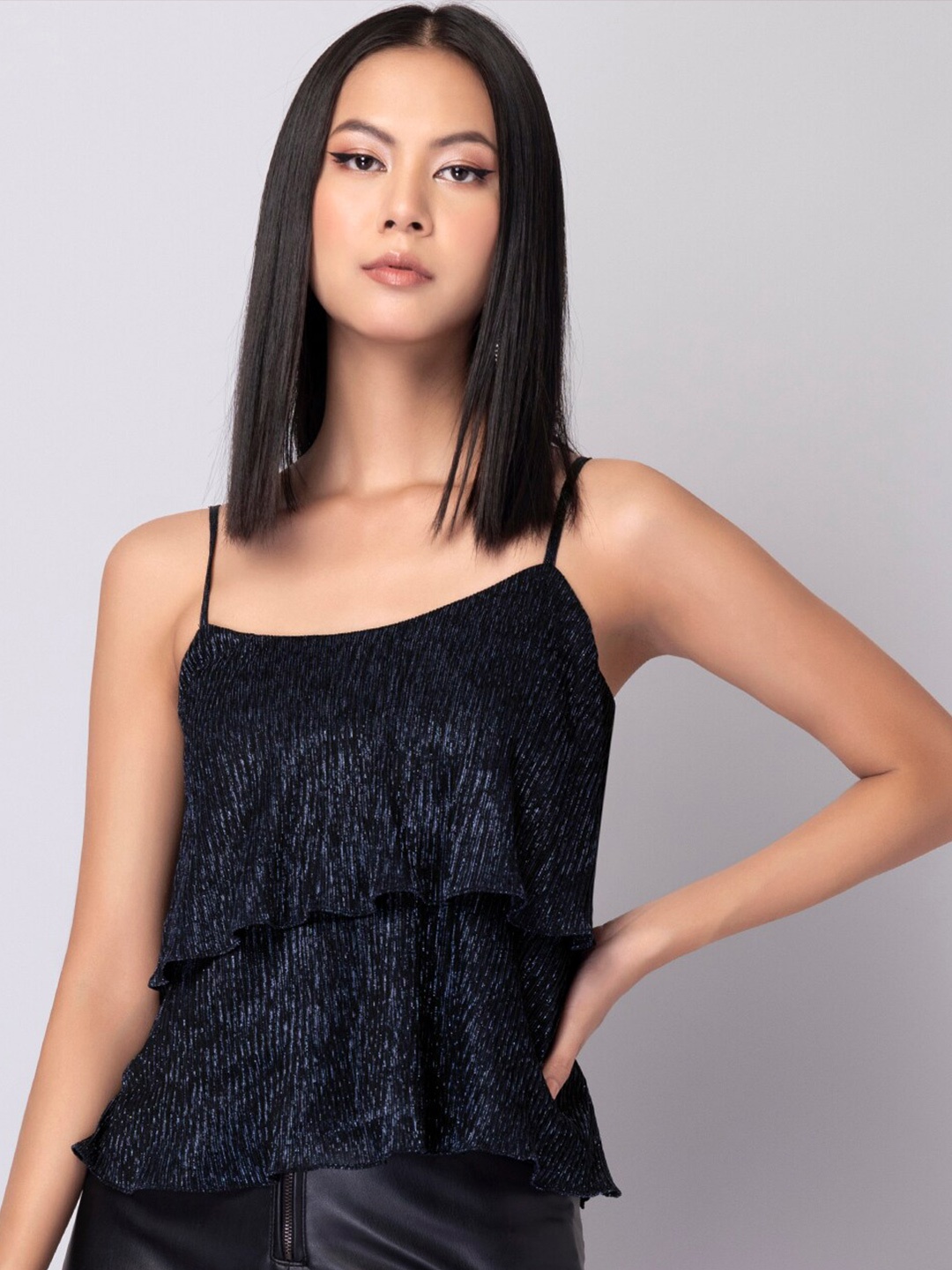 

FabAlley Shoulder Strap Layered Top, Black