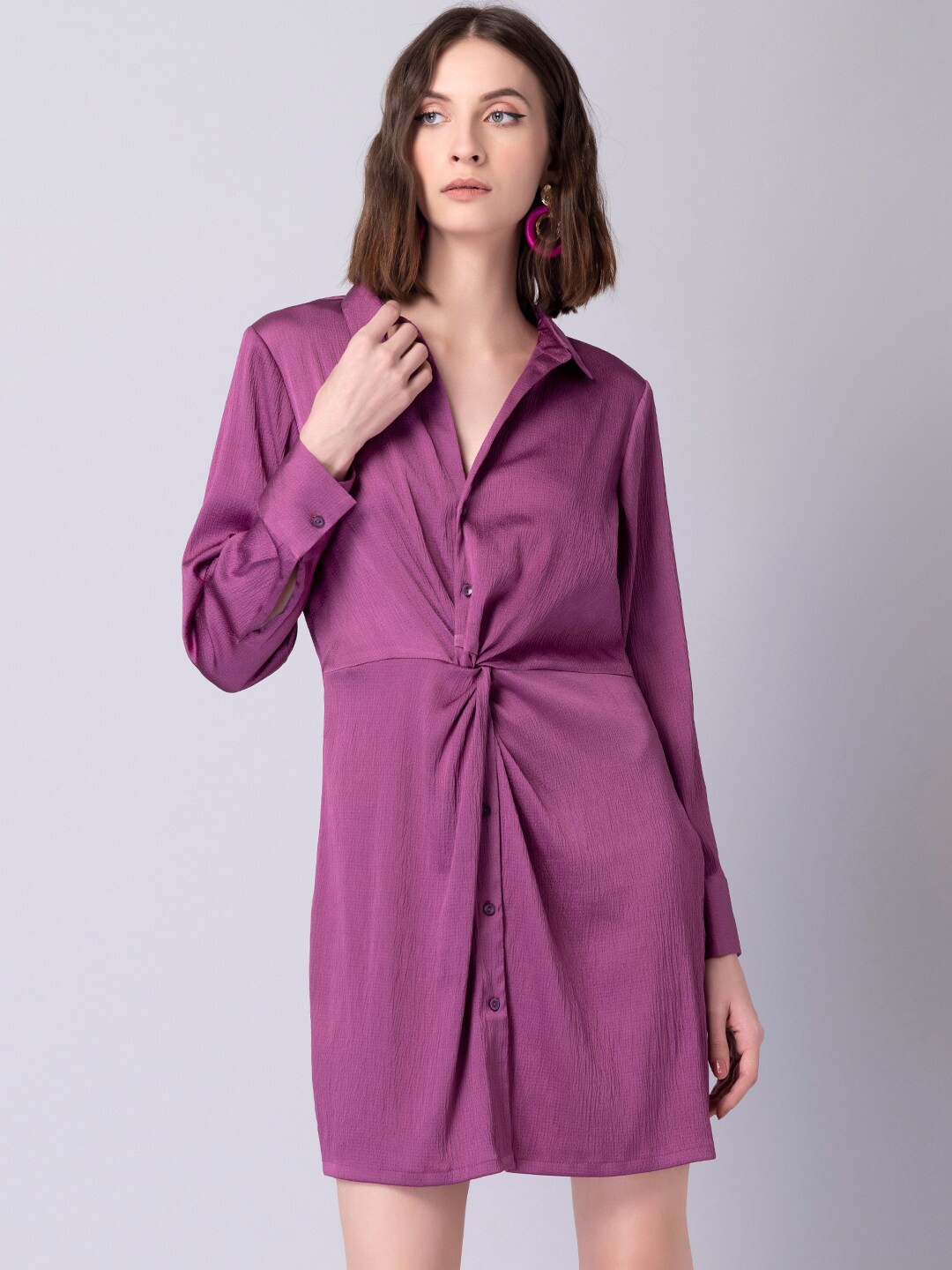 

FabAlley Cuffed Sleeves Shirt Dress, Purple