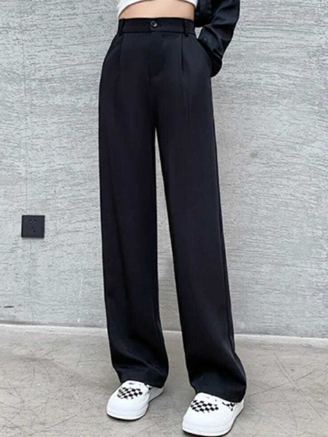 

BROADSTAR Women Relaxed Straight Leg Loose Fit High-Rise Trousers, Black