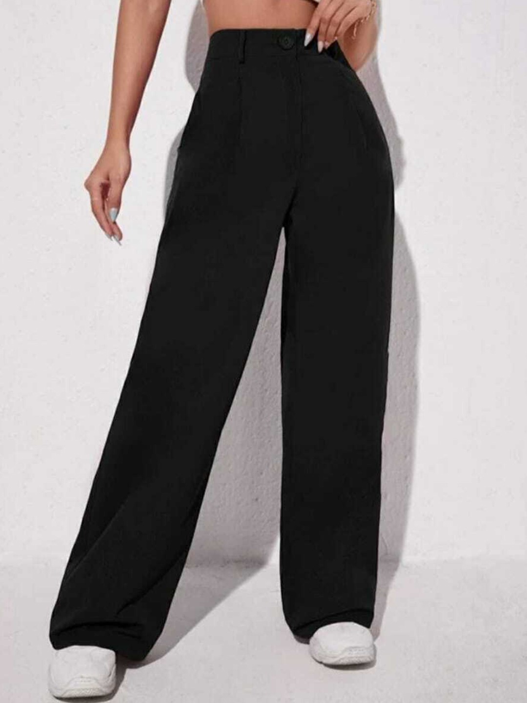 

BROADSTAR Women Relaxed Straight Leg High-Rise Pleated Parallel Trousers, Black