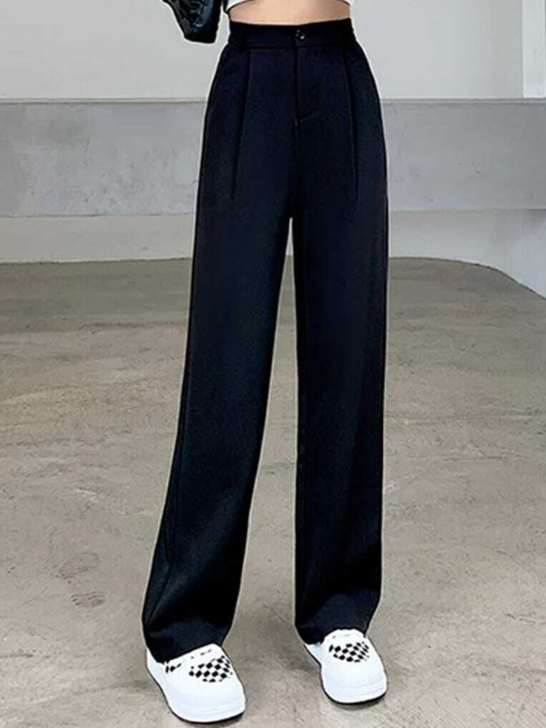 

BROADSTAR Women Relaxed Straight Leg Easy Wash Pleated Parallel Trousers, Black
