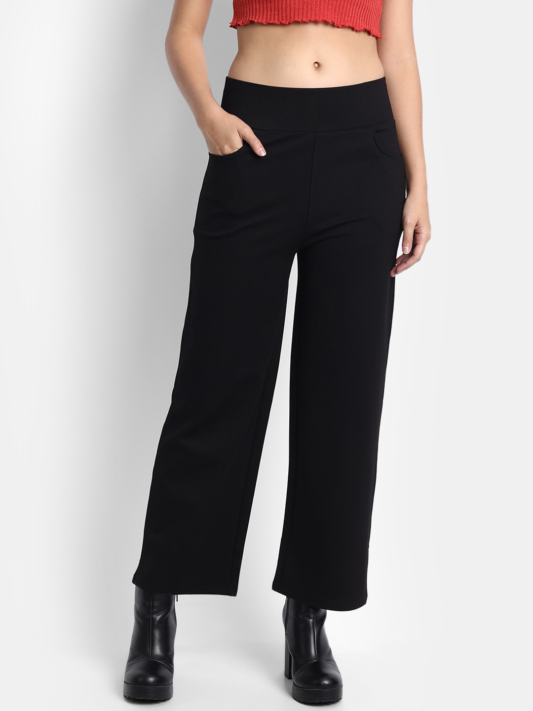 

BROADSTAR Women Solid Loose Fit High-Rise Parallel Trousers, Black