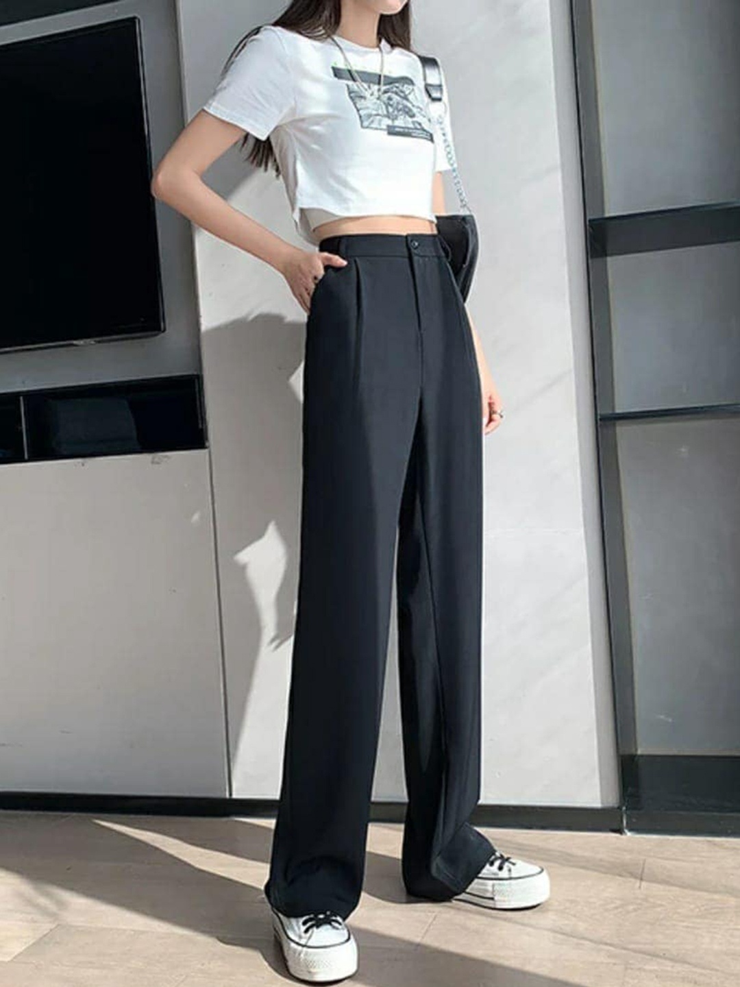 

BROADSTAR Women Relaxed Straight Leg Loose Fit High-Rise Easy Wash Trousers, Black