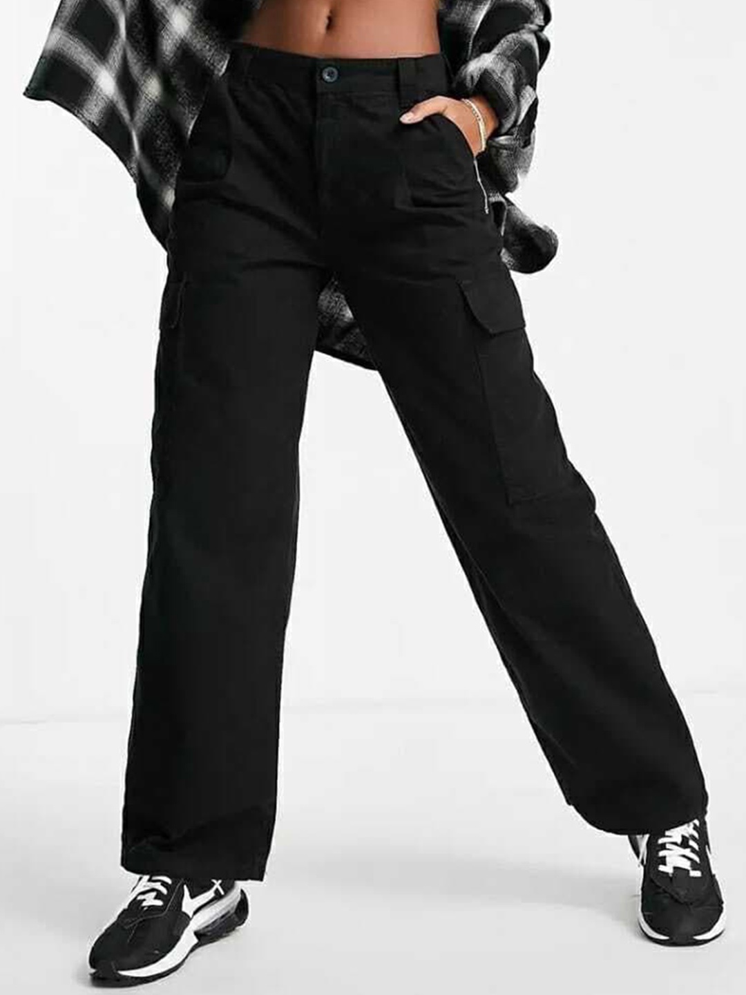 

BROADSTAR Women Relaxed Straight Leg Loose Fit Cargos Trousers, Black