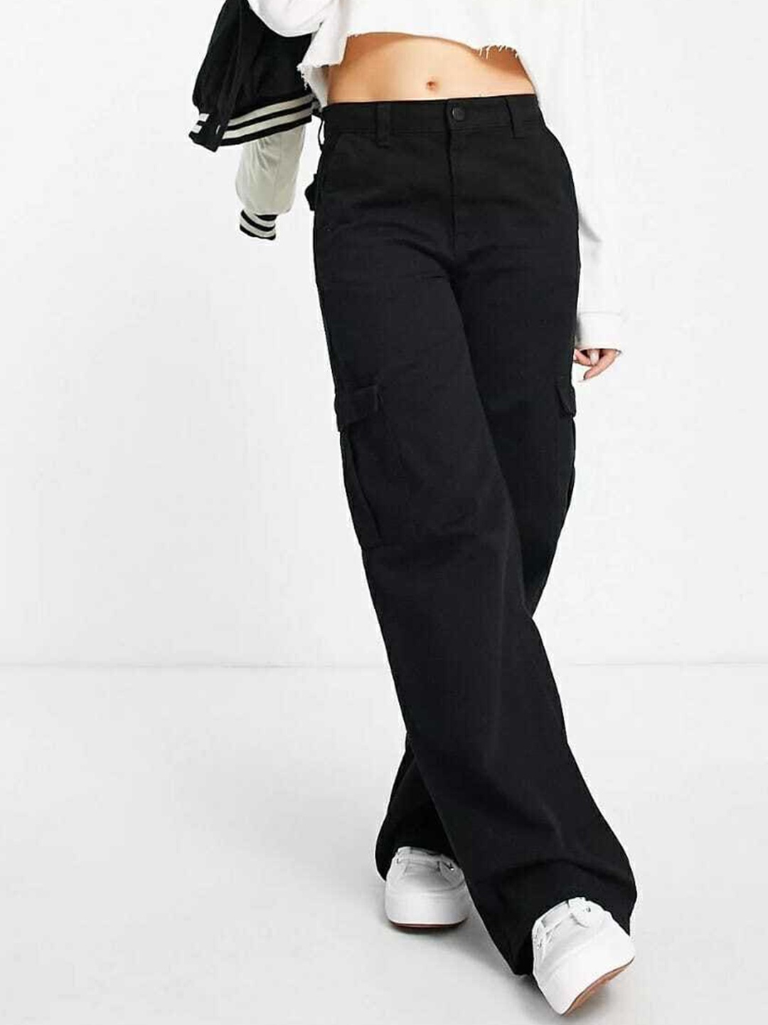 

BROADSTAR Women Relaxed Straight Leg Loose Fit High-Rise Easy Wash Cargos Trousers, Black