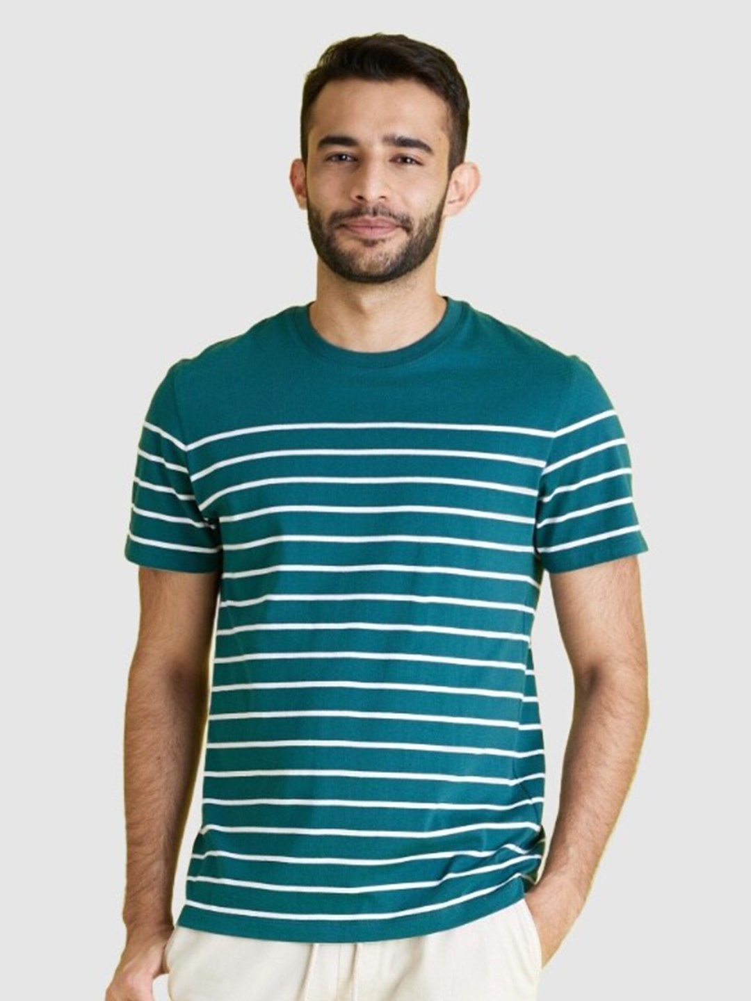 

Celio Men Cotton Striped T-shirt, Teal