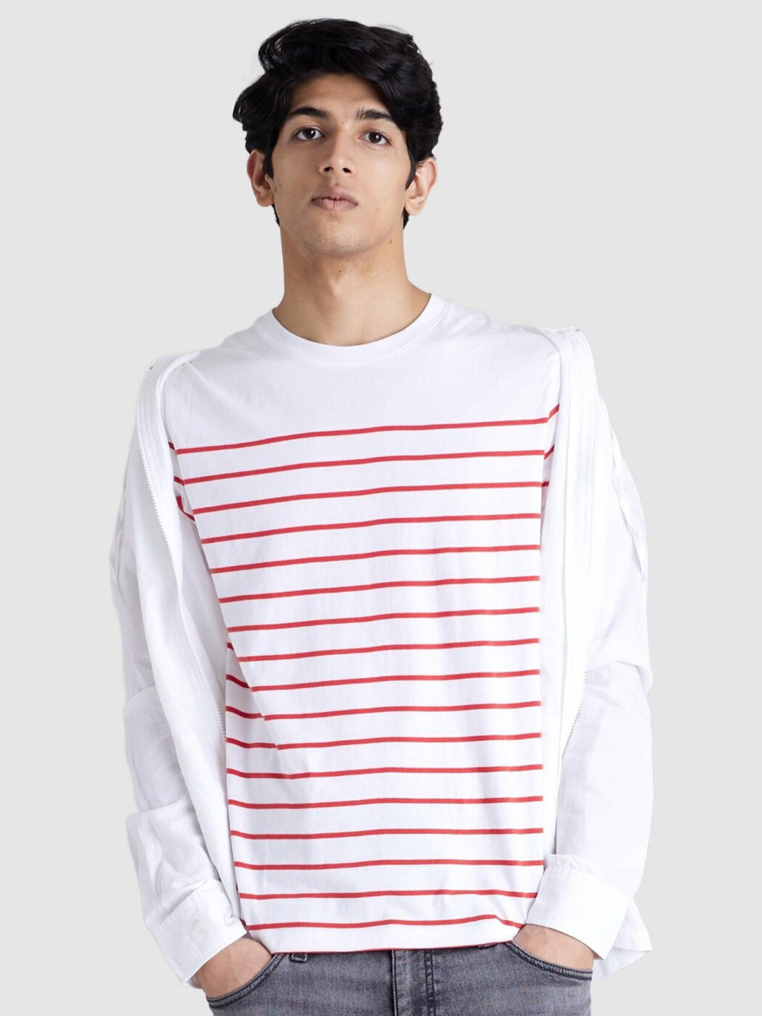 

Celio Men Round Neck Striped Cotton T-shirt, White