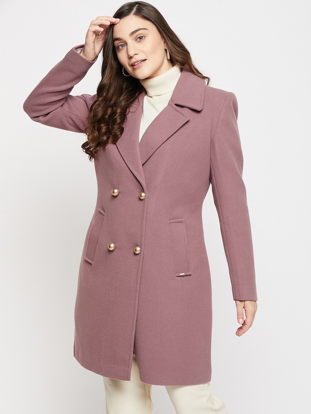 

Okane Women Solid Wool Double-Breasted Knee Length Overcoat, Pink