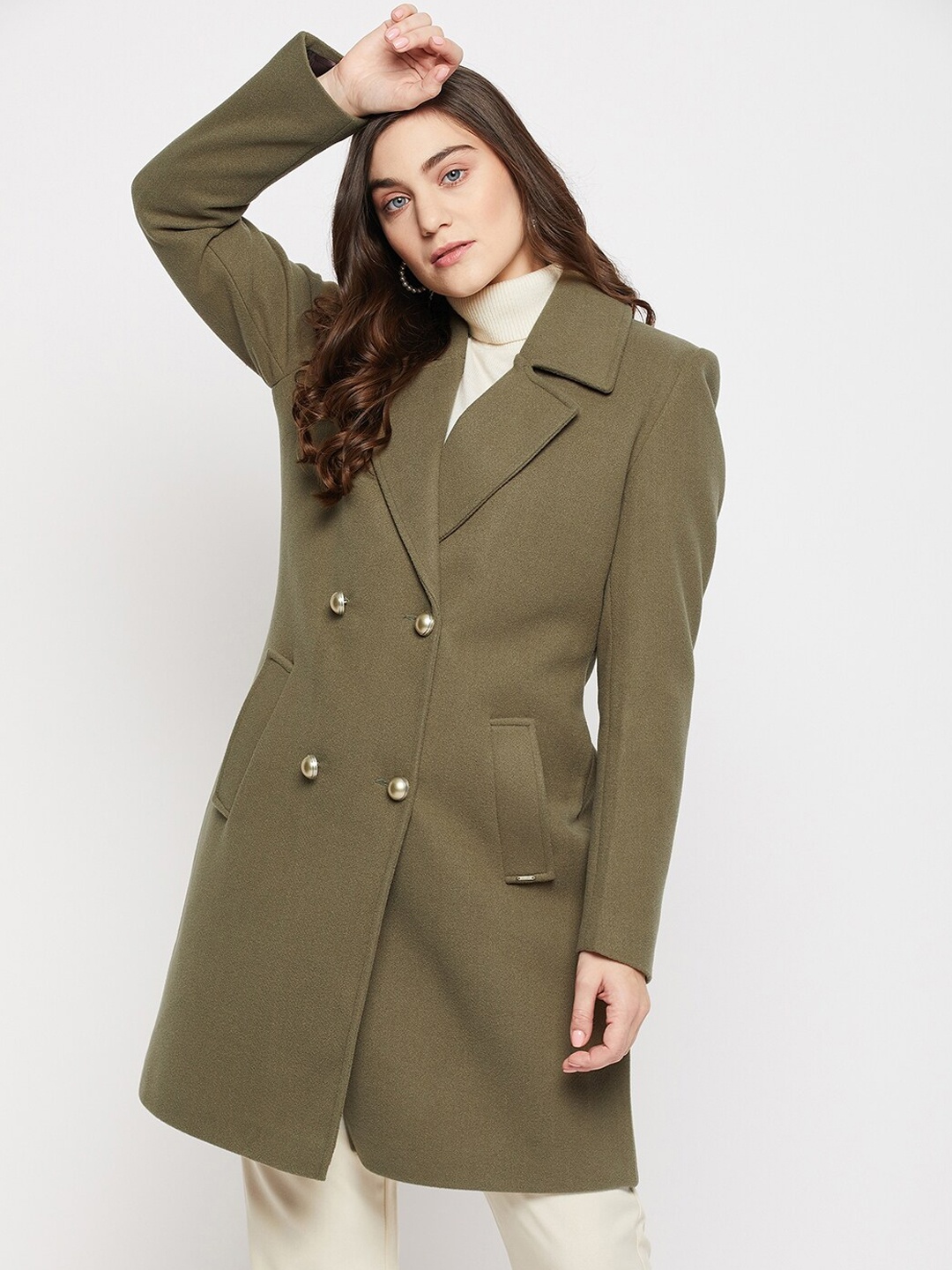 

Okane Women Double-Breasted Knee-Length Woolen Overcoat, Olive