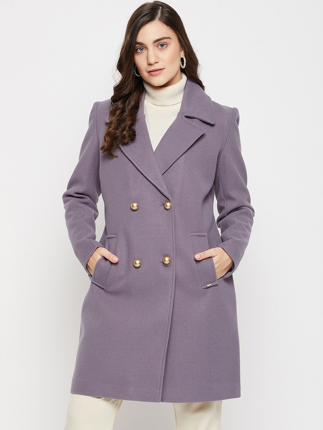 

Okane Women Double-Breasted Knee-Length Woolen Overcoat, Mauve