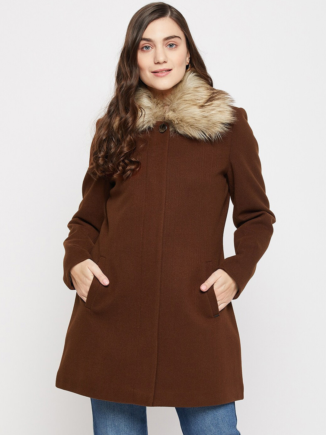 

Okane Women Solid Wool Single-Breasted Regular Fit Overcoat, Coffee brown