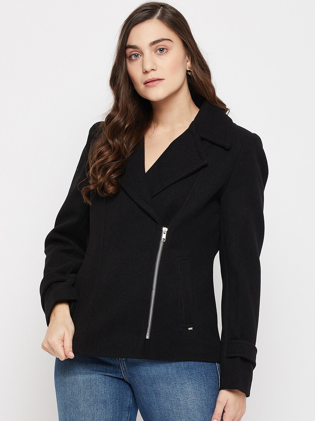 

Okane Women Notch Lapel Collar Wool Overcoat, Black
