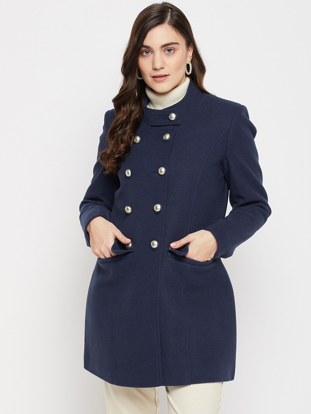 

Okane Women Solid Wool Double-Breasted Regular Fit Overcoat, Navy blue