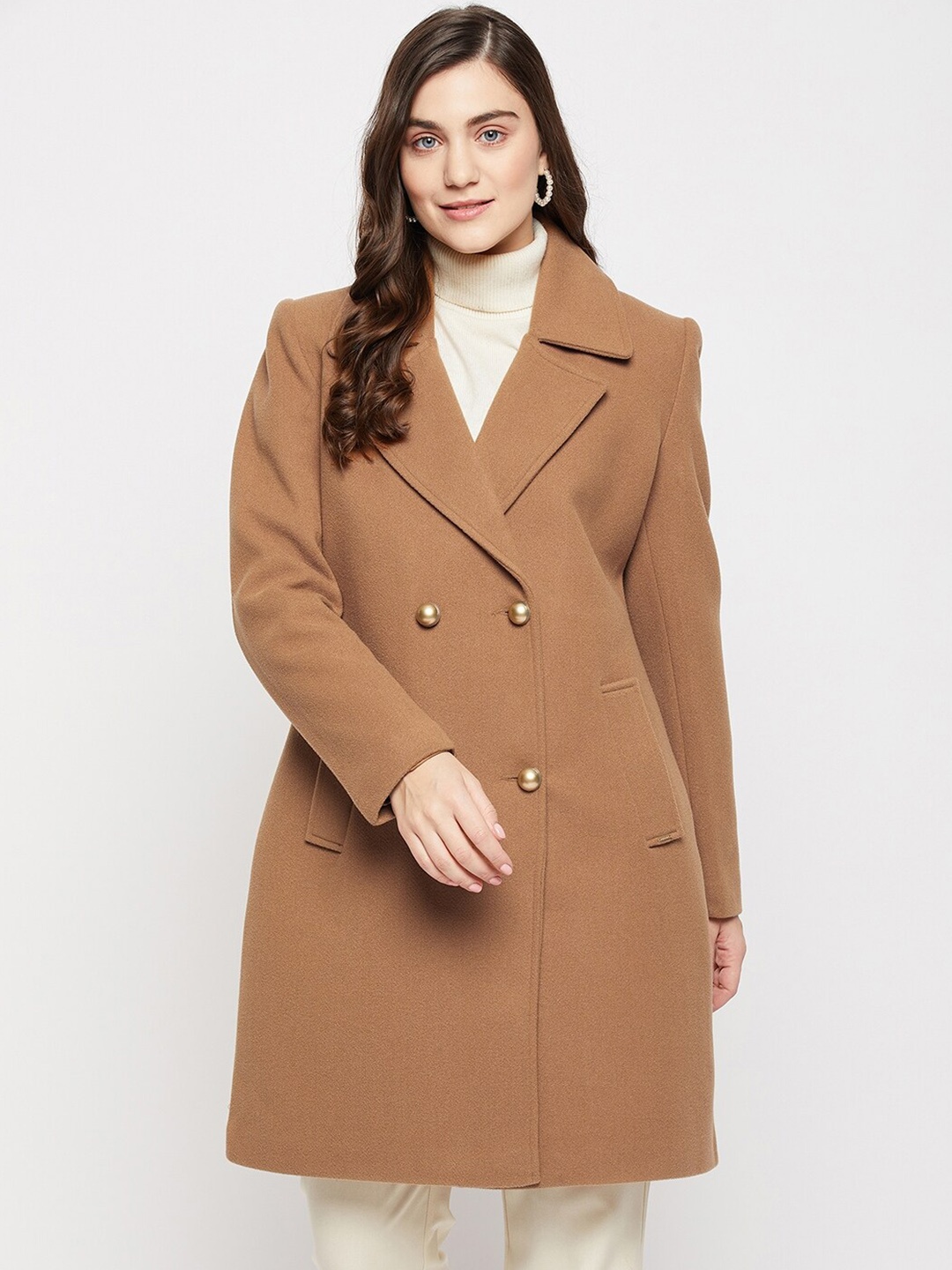 

Okane Women Double-Breasted Knee-Length Wool Overcoat, Camel brown