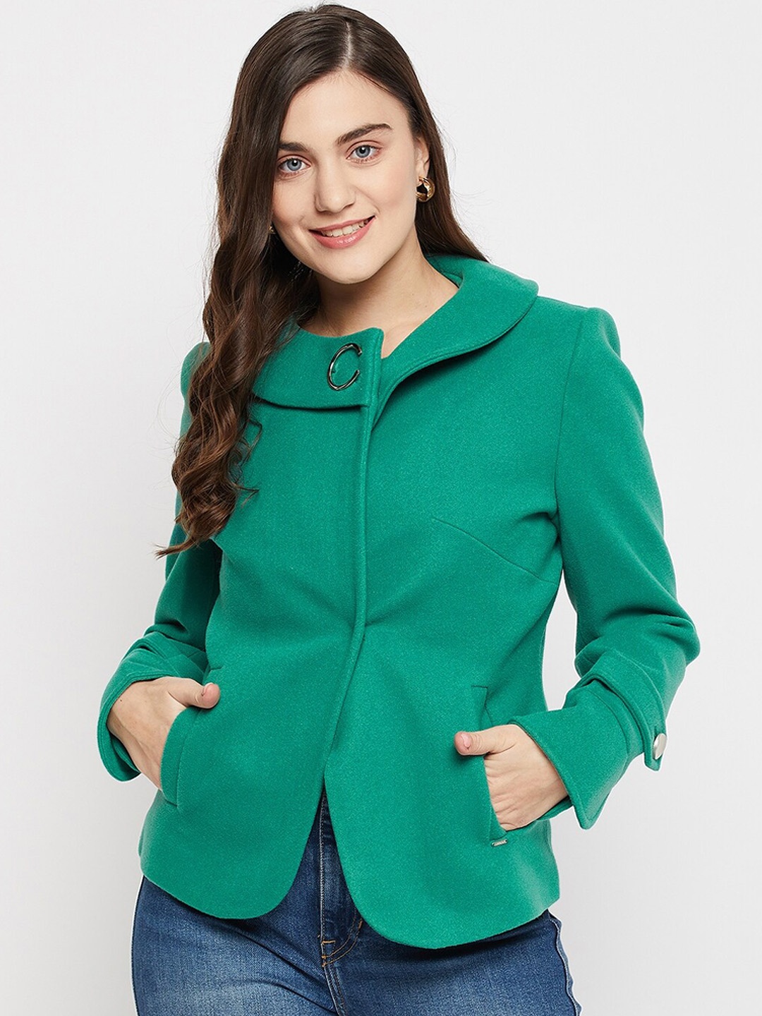

Okane Women Solid Single-Breasted Overcoat, Green
