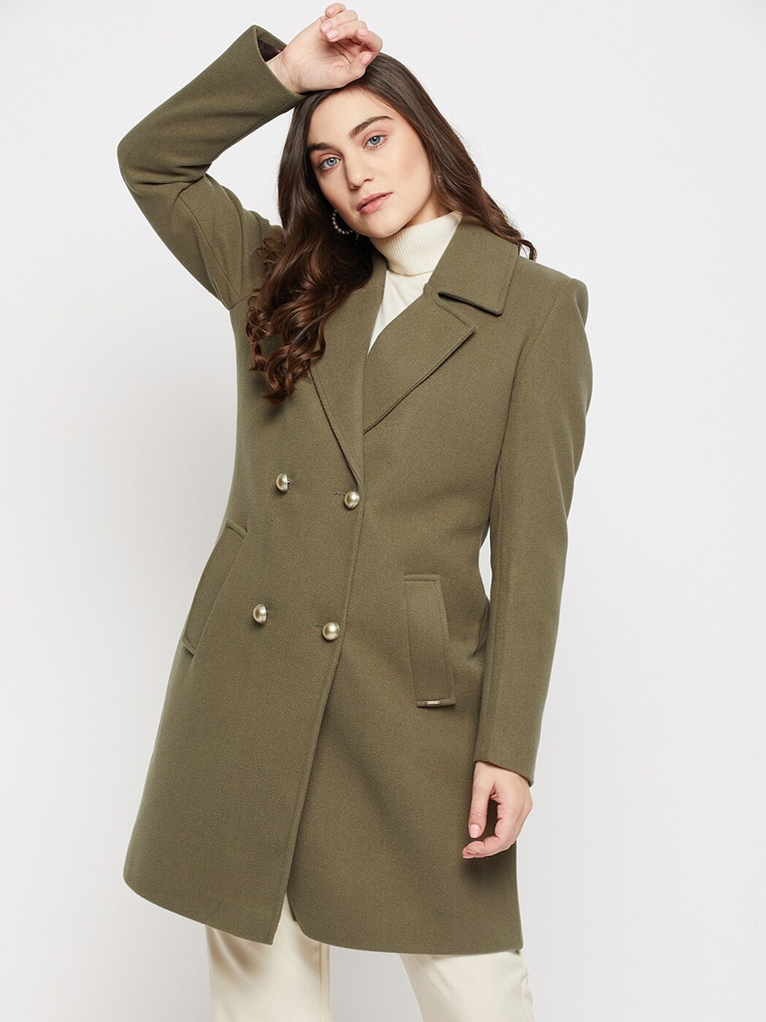 

Okane Women Solid Wool Double-Breasted Knee Length Overcoat, Olive