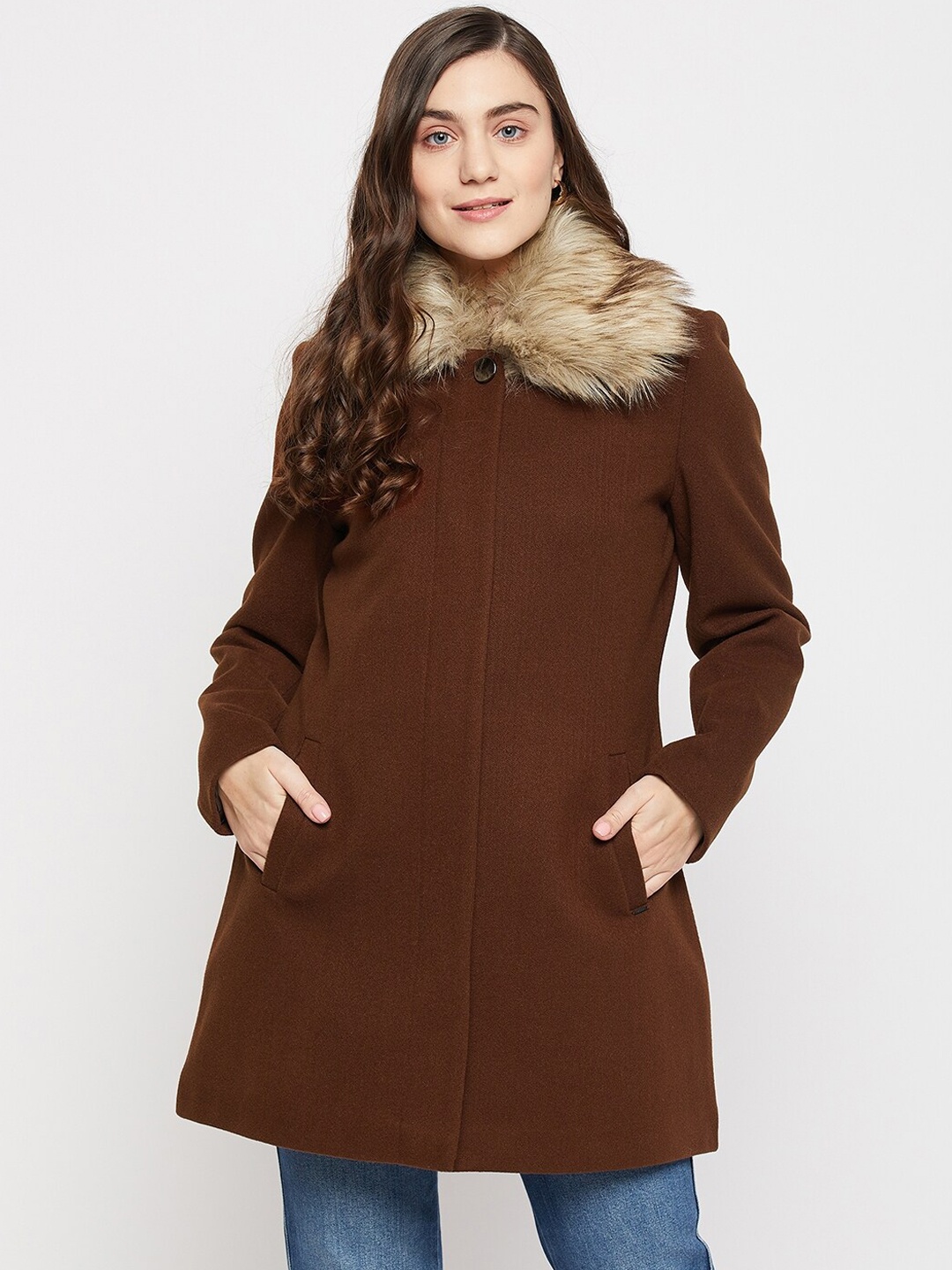 

Okane Women Woolen Single-Breasted Overcoat, Coffee brown