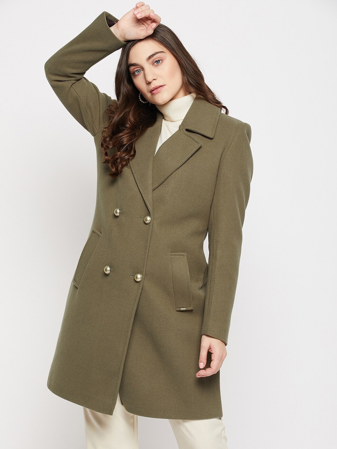 

Okane Women Solid Wool Double-Breasted Knee Length Overcoat, Olive