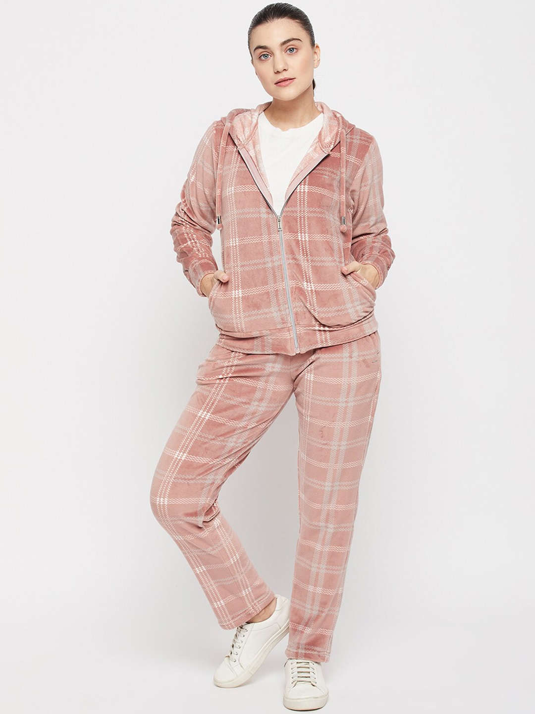 

Okane Women Checked Hooded Tracksuit, Peach