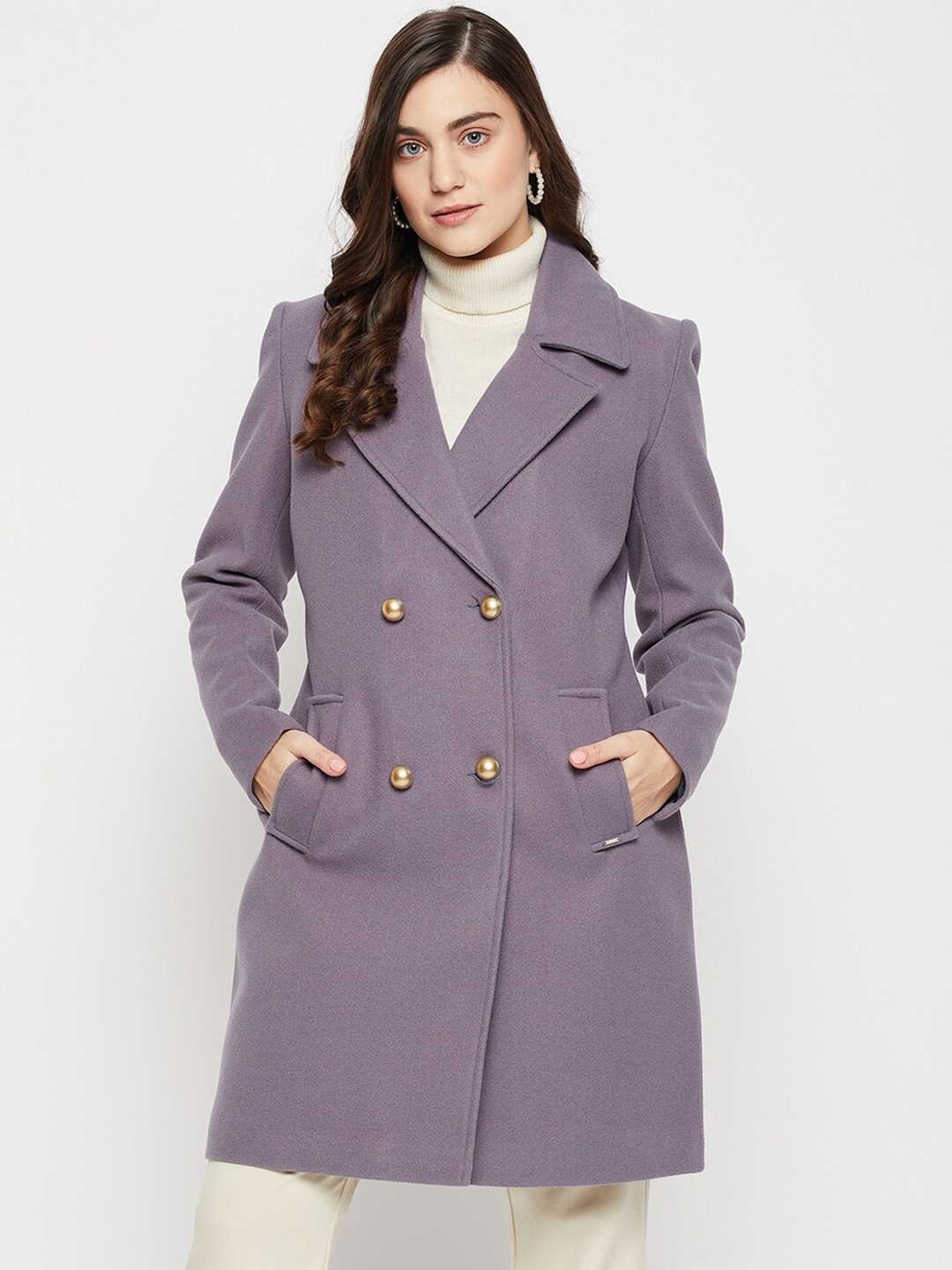

Okane Women Double-Breasted Knee-length Wool Overcoat, Mauve