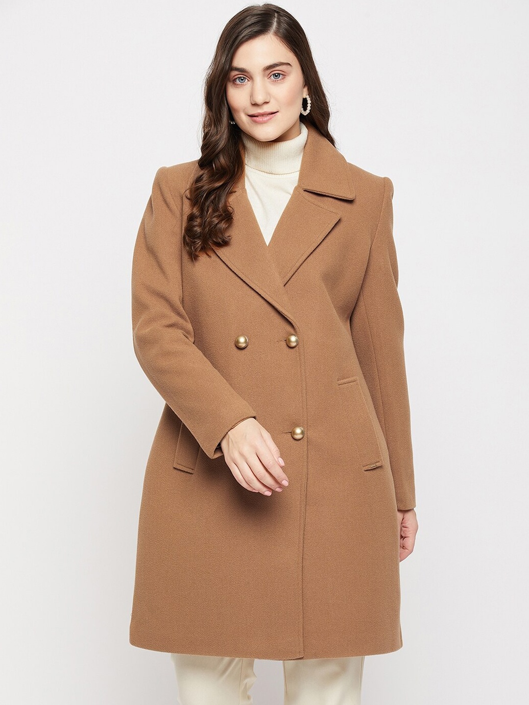 

Okane Women Tweed Double-Breasted Longline Overcoat, Camel brown