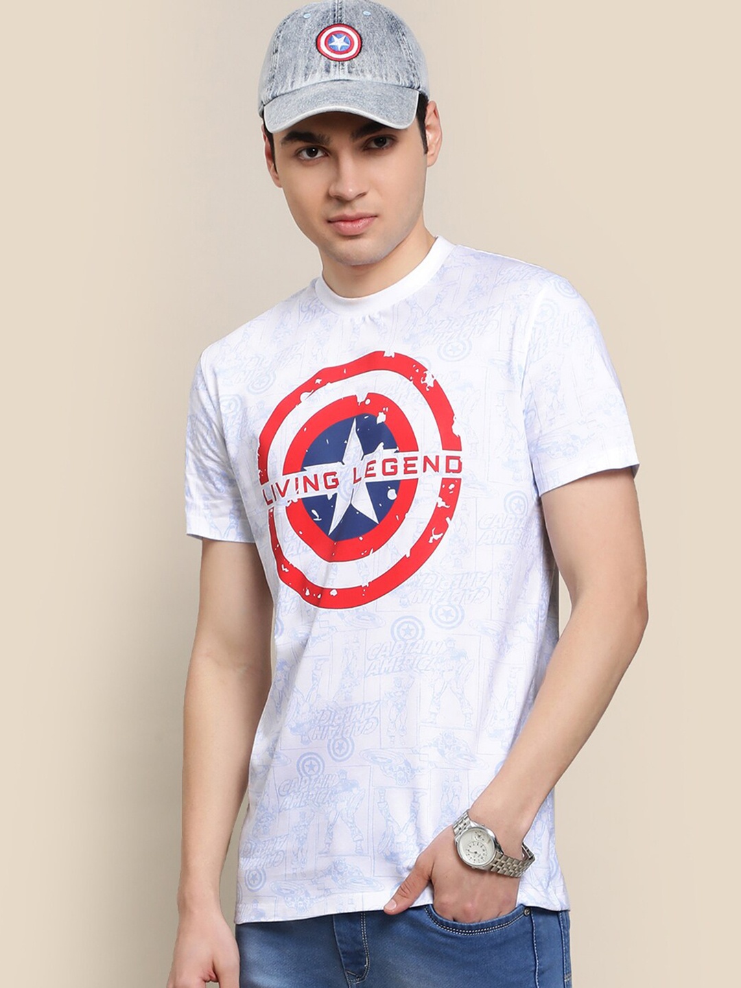 

Free Authority Men Cotton Captain America Printed T-shirt, White
