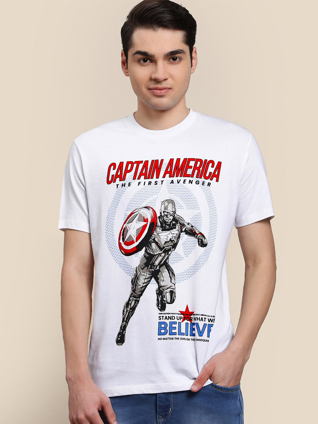 

Free Authority Men Cotton Captain America Printed T-shirt, White