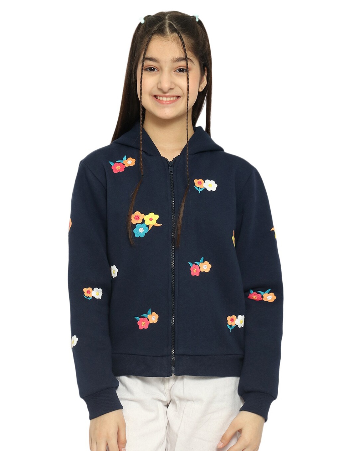 

Natilene Girls Printed Front-Open Hooded Sweatshirt, Navy blue