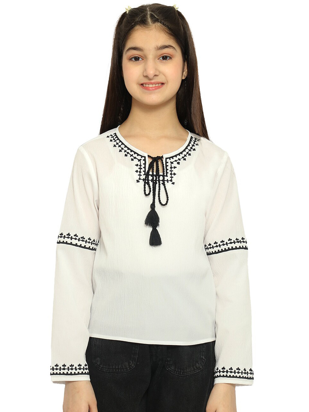 

Natilene Embroidered Tie-Up Neck Top, White