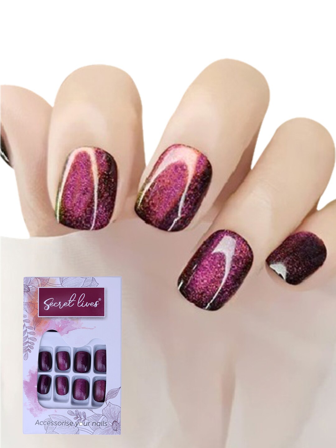 

Secret Lives 24 Pieces Short Square Cats Eye Fake Nails, Purple