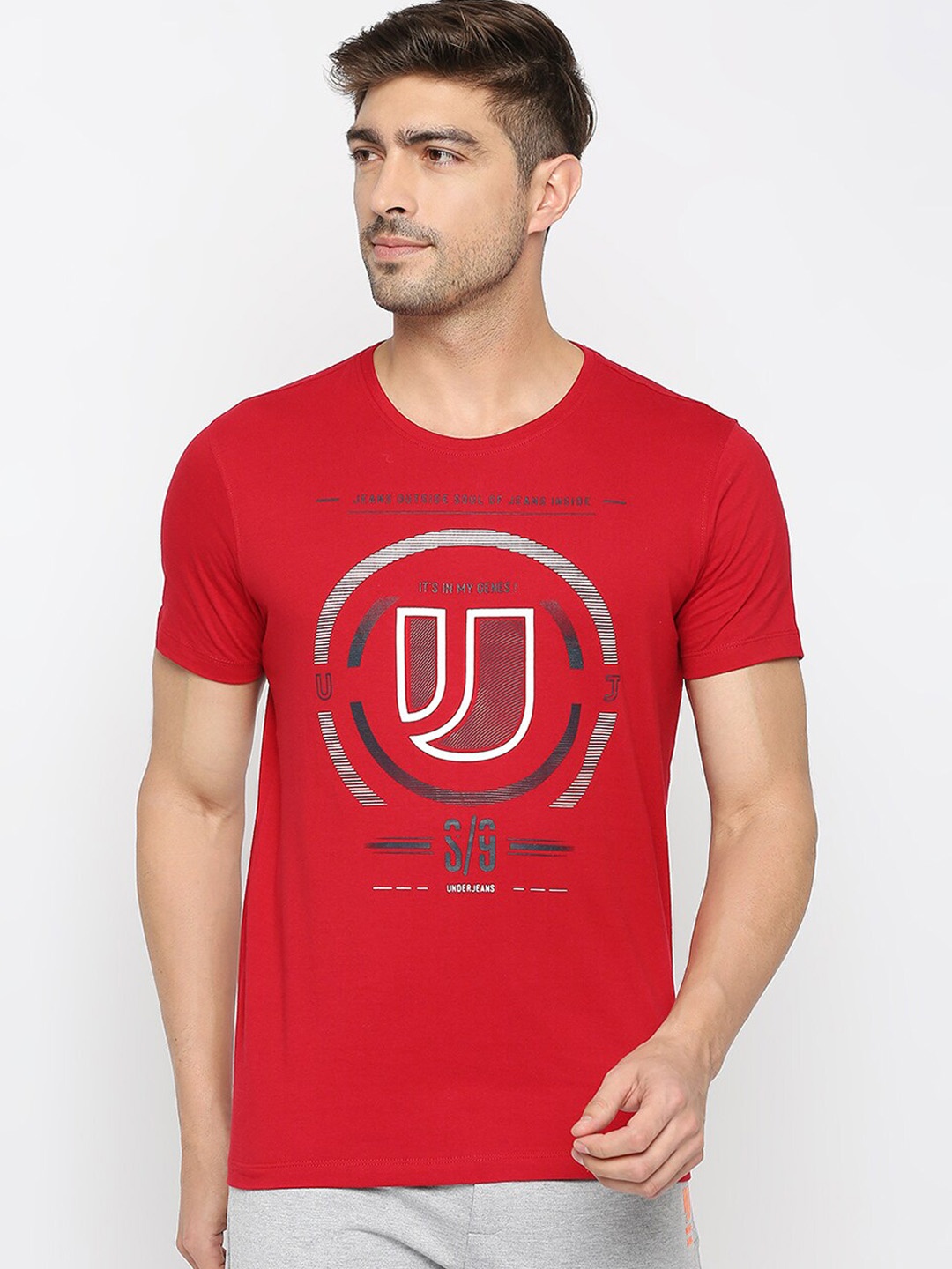 

UnderJeans by Spykar Men Printed Cotton Lounge Tshirts, Red