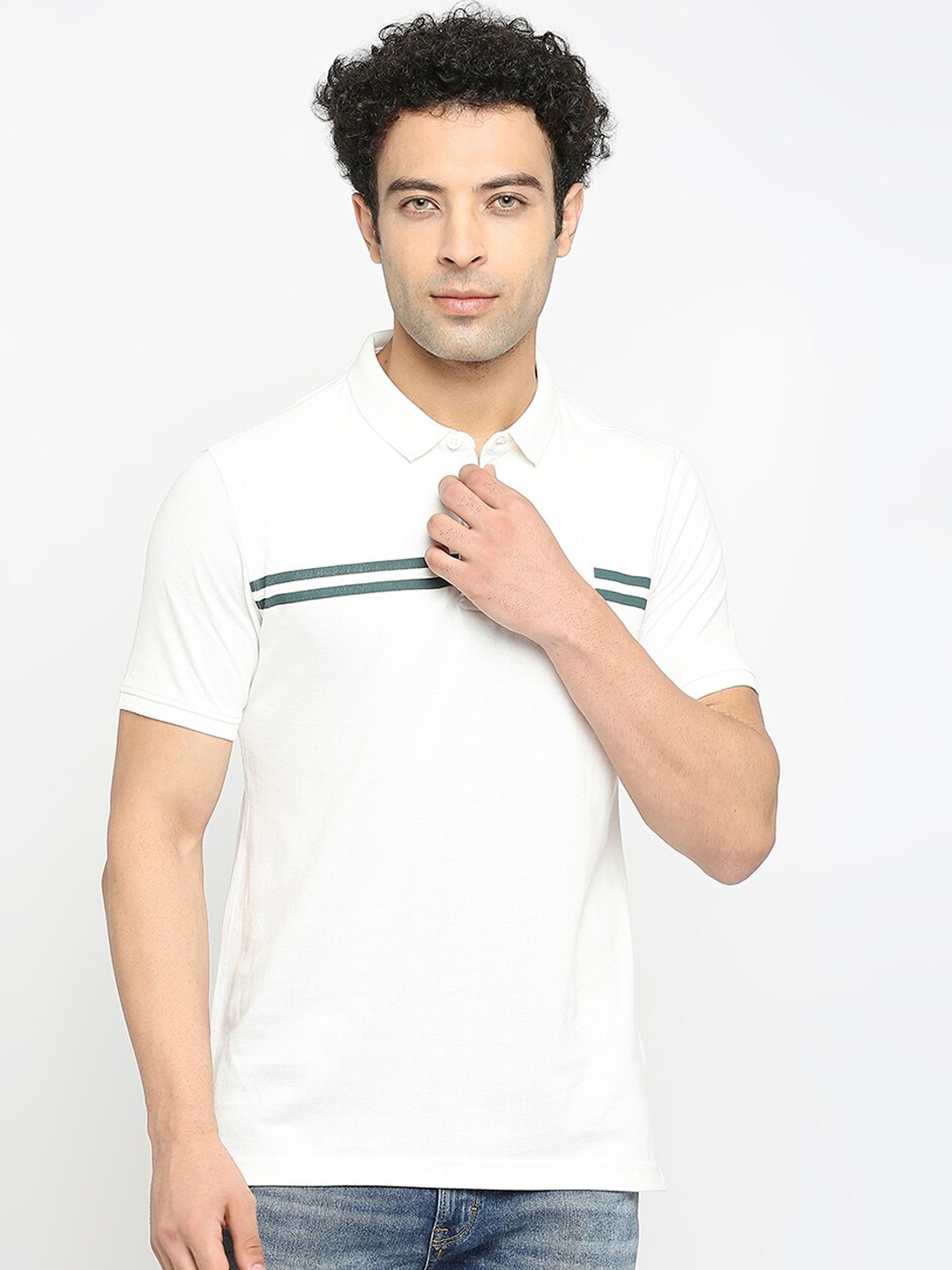 

UnderJeans by Spykar Men Striped Polo Collar Cotton T-shirt, White